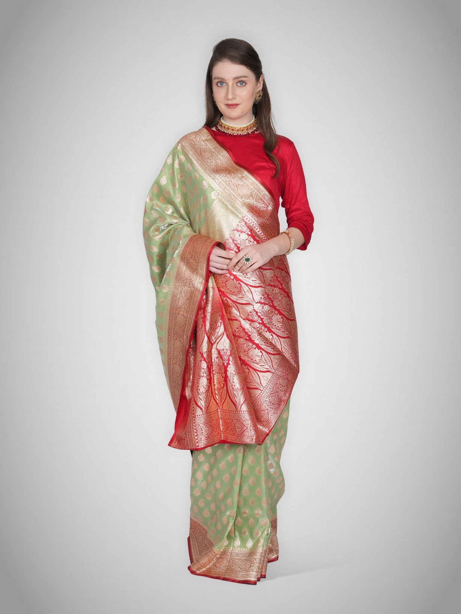 Naaz - e - Jahan – Sage Green with Crimson Border - ZahratSaree