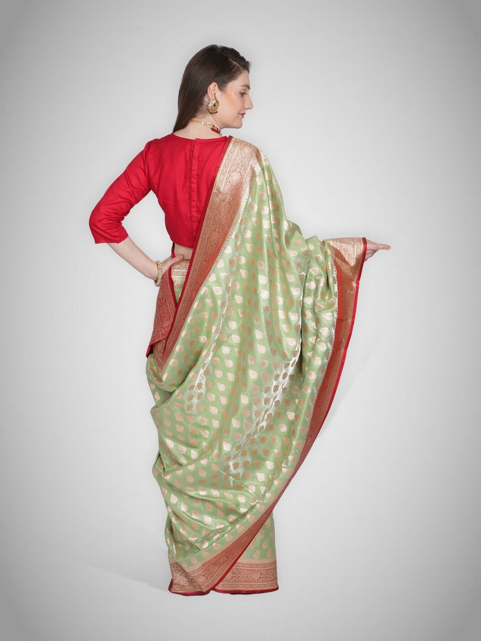Naaz - e - Jahan – Sage Green with Crimson Border - ZahratSaree