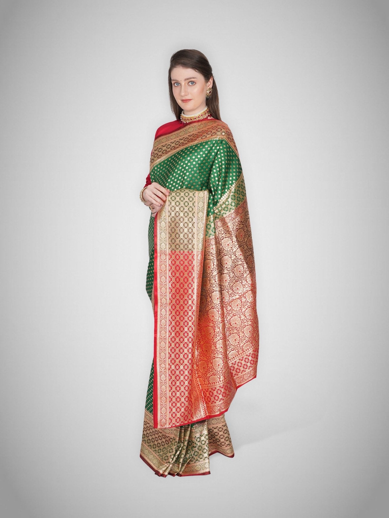 Jahanara – Emerald Saree with Crimson Zari - ZahratSaree