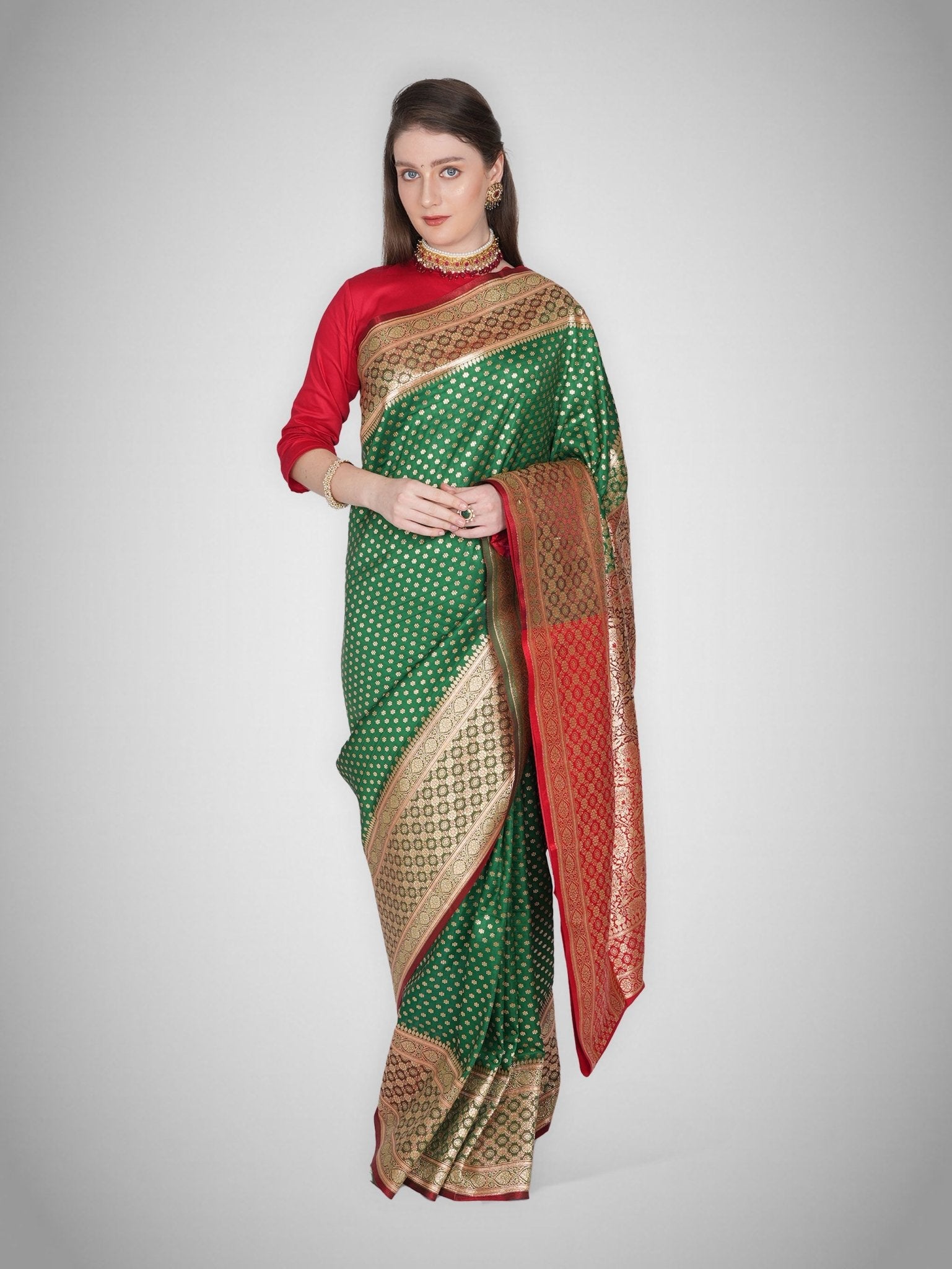 Jahanara – Emerald Saree with Crimson Zari - ZahratSaree