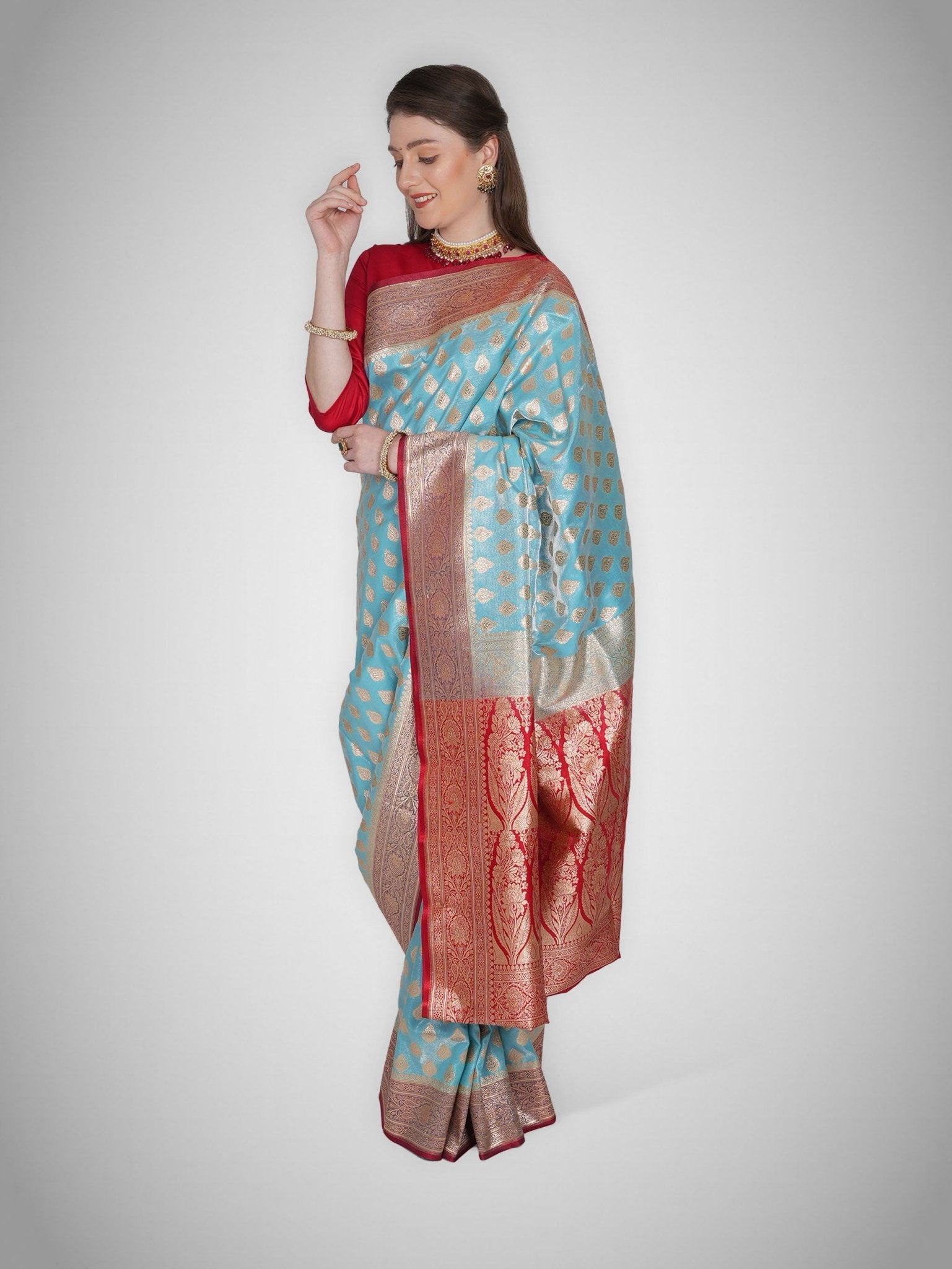 Mah - e - Firoza – Ethereal Blue Saree with Crimson Zari - ZahratSaree
