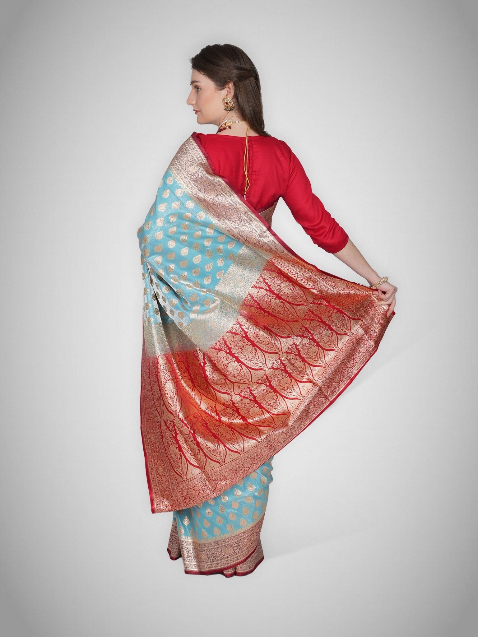 Mah - e - Firoza – Ethereal Blue Saree with Crimson Zari - ZahratSaree