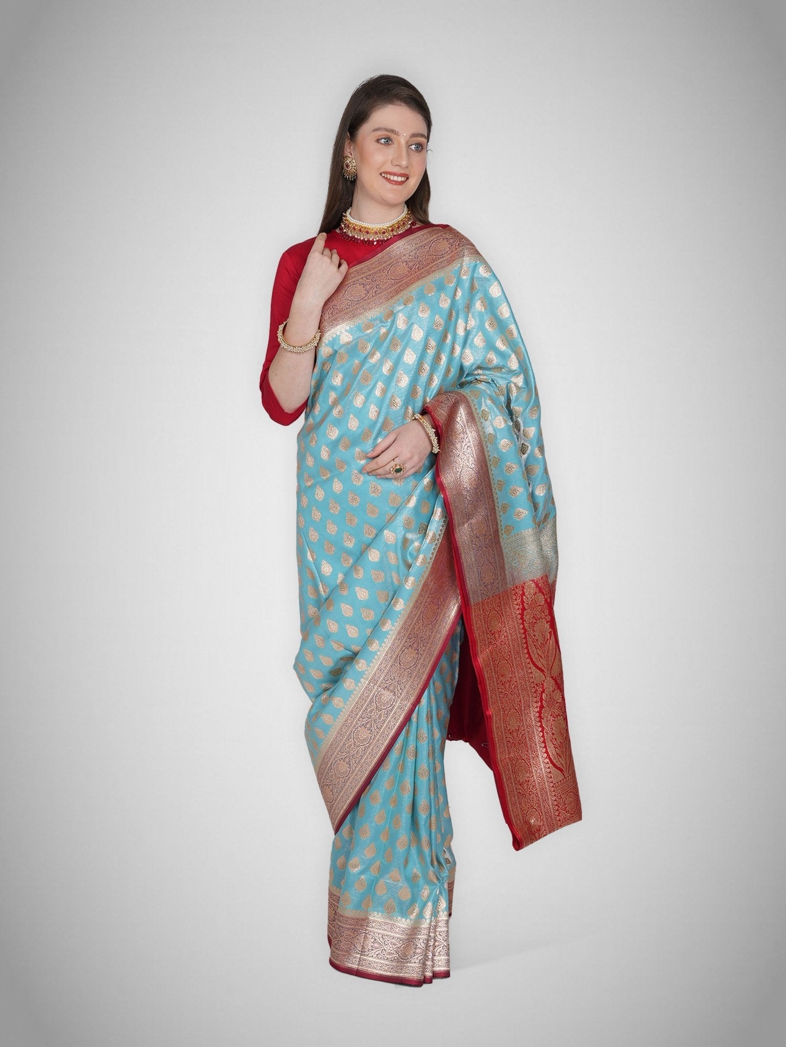 Mah - e - Firoza – Ethereal Blue Saree with Crimson Zari - ZahratSaree