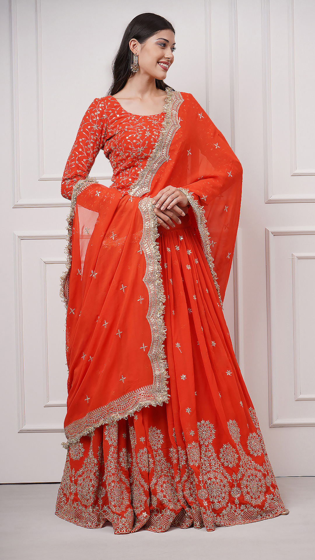 A model wearng Ravayah: Amber Dusk Embroidered Lehenga - Zahrat Lehenga. front right view