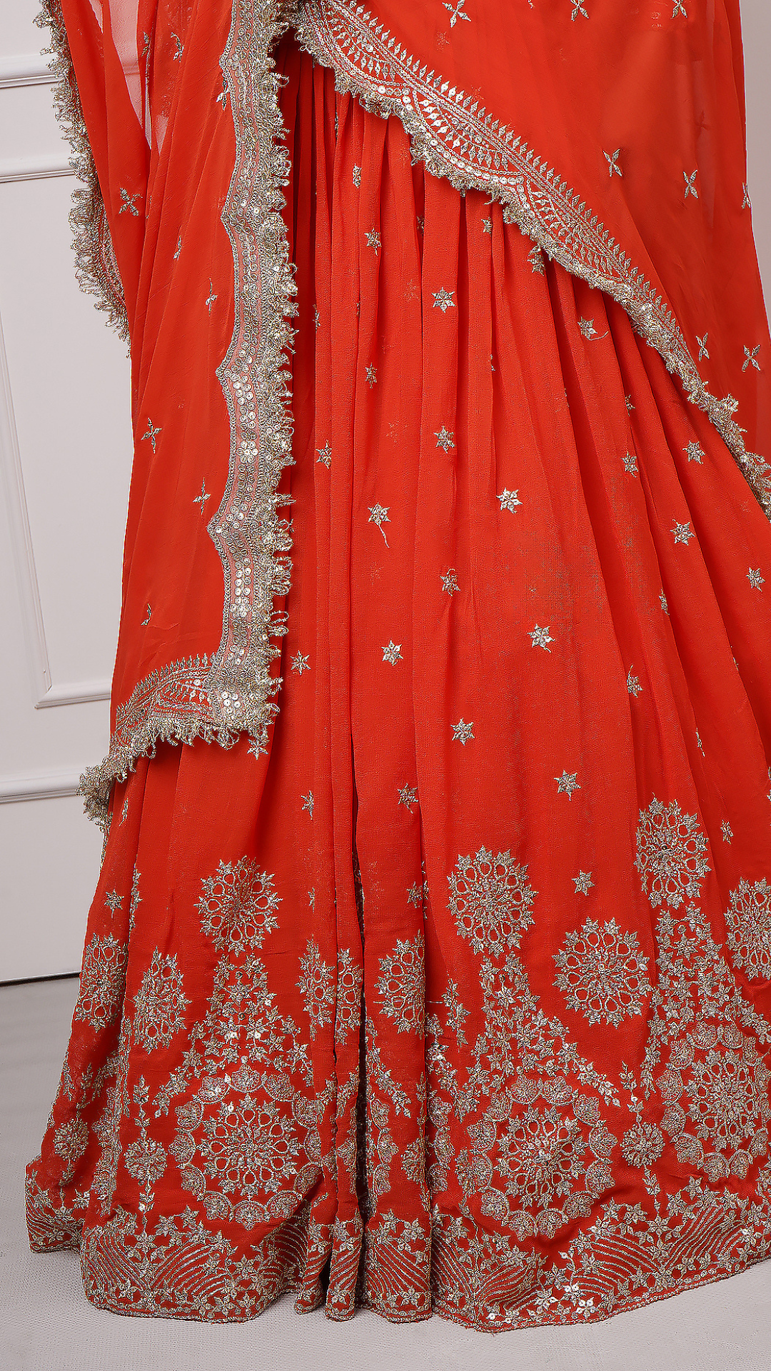 Close up shot of Lehenga design. Ravayah: Amber Dusk Embroidered Lehenga - Zahrat Lehenga. 
