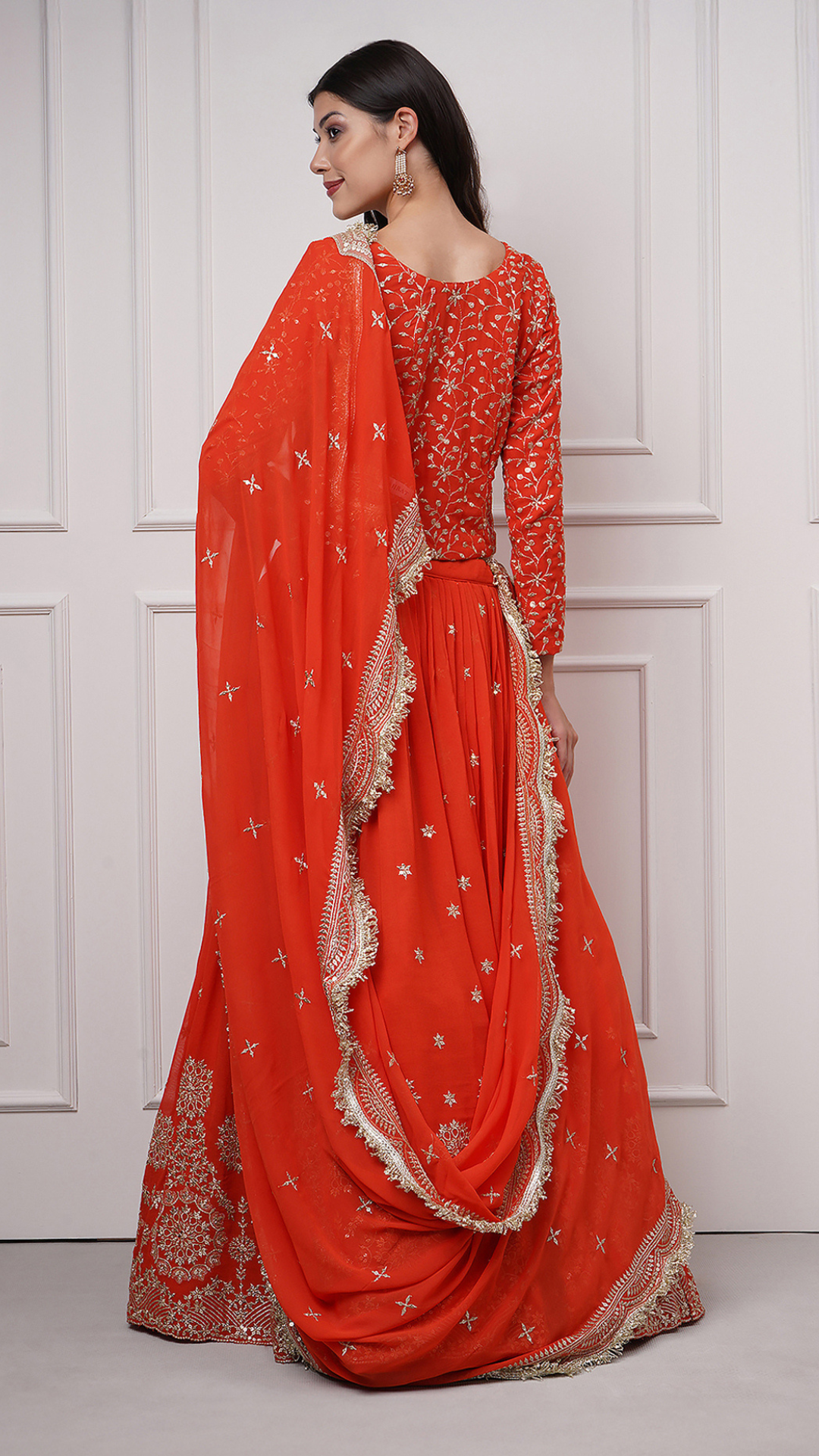 Back side view of Ravayah: Amber Dusk Embroidered Lehenga - Zahrat Lehenga. 
