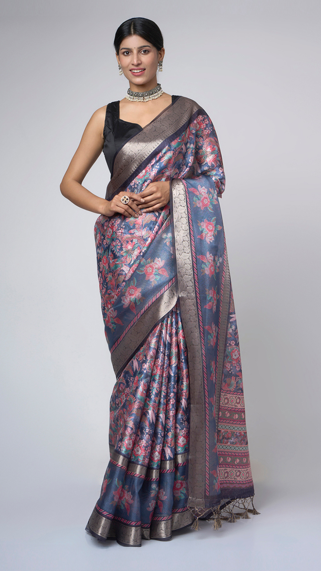 Azure Bloom – Light Blue Printed Saree with Silver Floral Border - Zahrat Saree