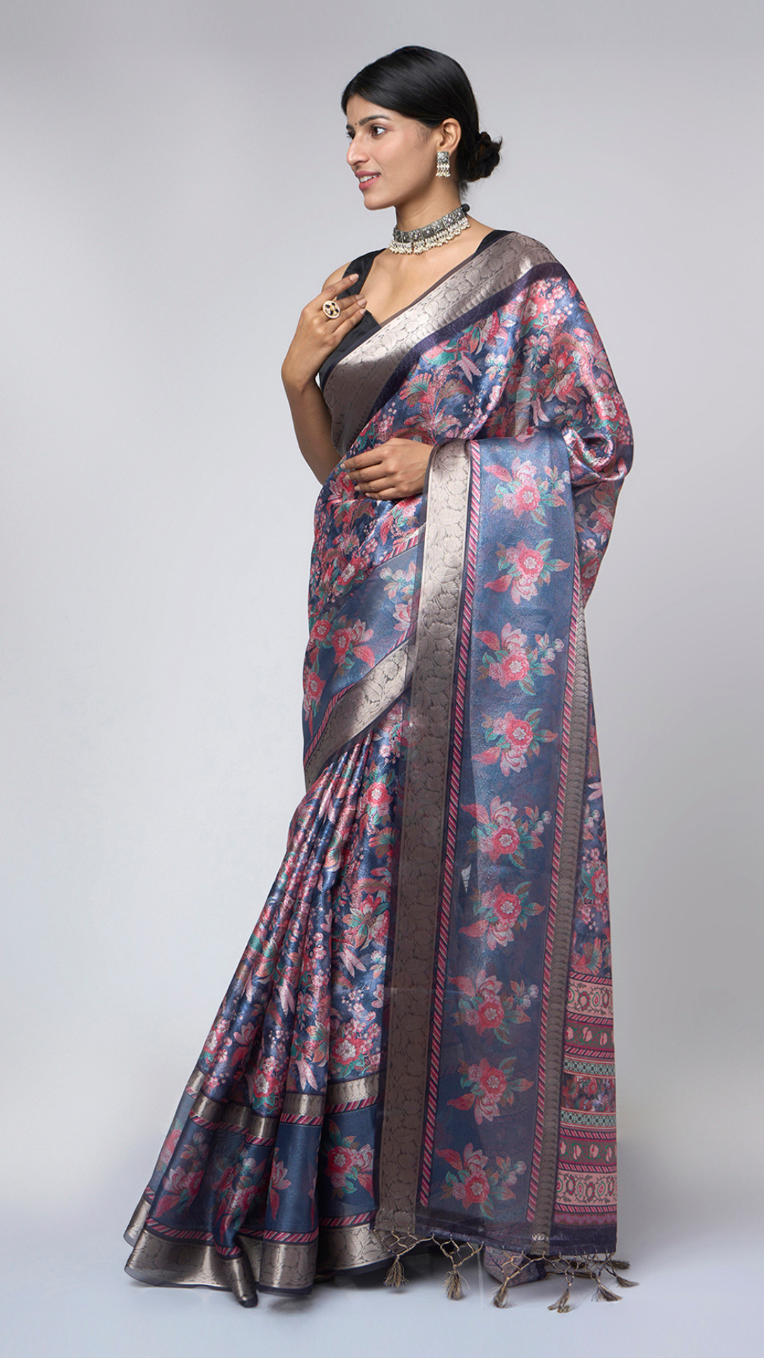 Azure Bloom – Light Blue Printed Saree with Silver Floral Border - Zahrat Saree