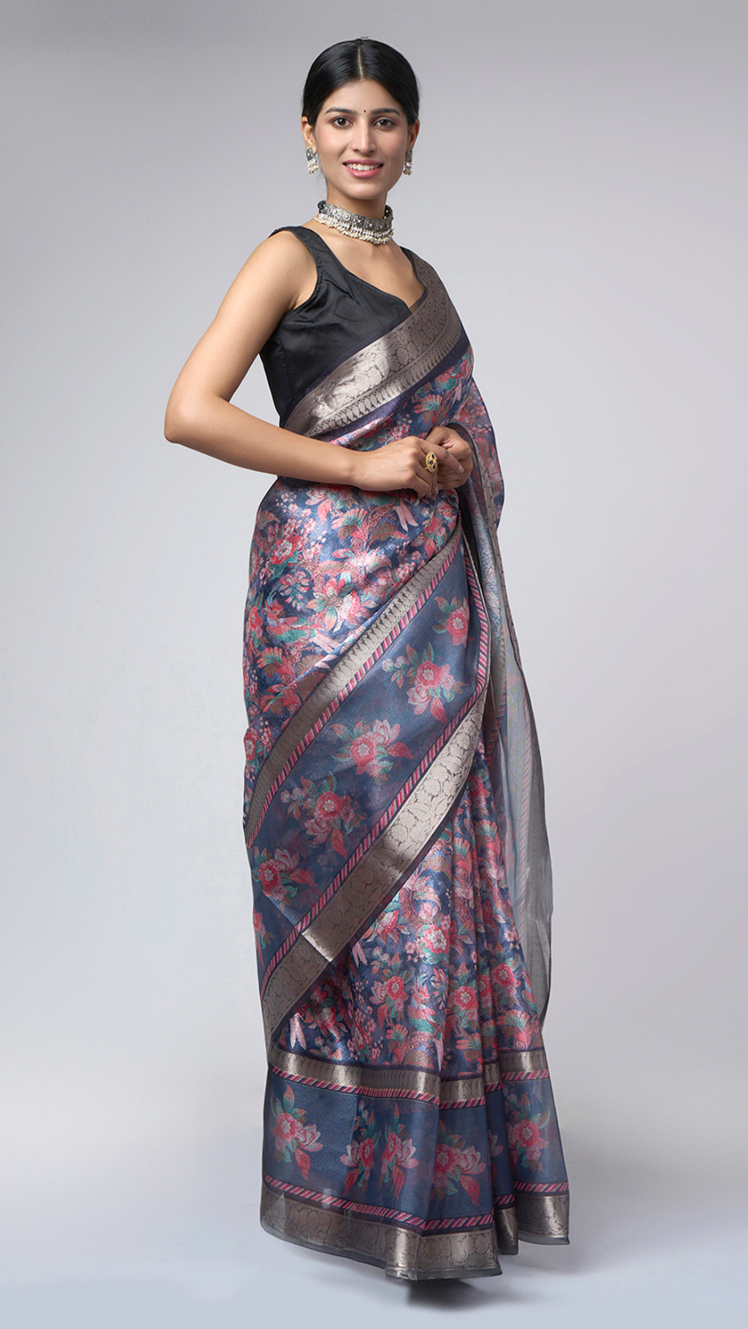 Azure Bloom – Light Blue Printed Saree with Silver Floral Border - Zahrat Saree