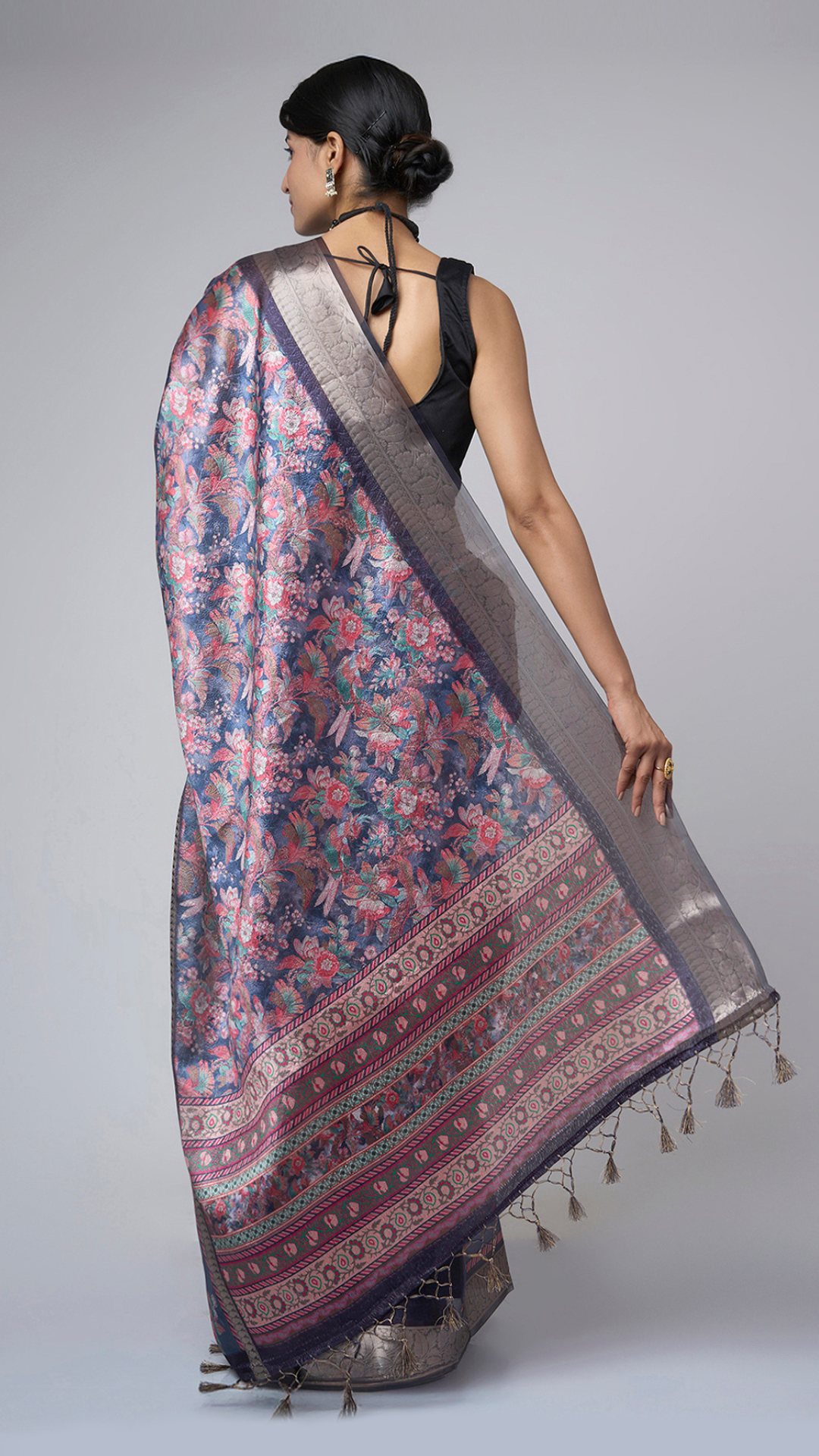 Azure Bloom – Light Blue Printed Saree with Silver Floral Border - Zahrat Saree