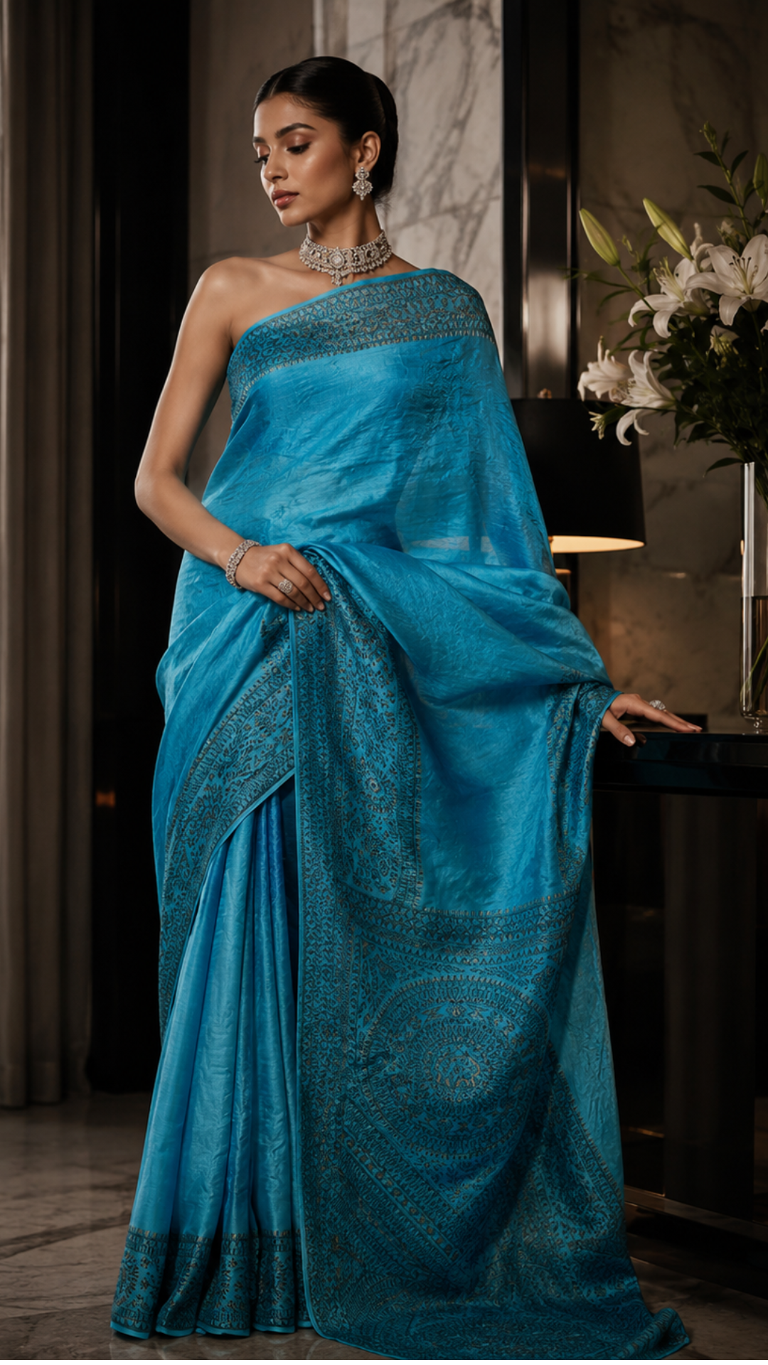 Lifestyle shot of Neelambara – Azure Madhubani Silk Saree by Zahrat highlighting the richly detailed Madhubani pallu and broad hand-painted border.