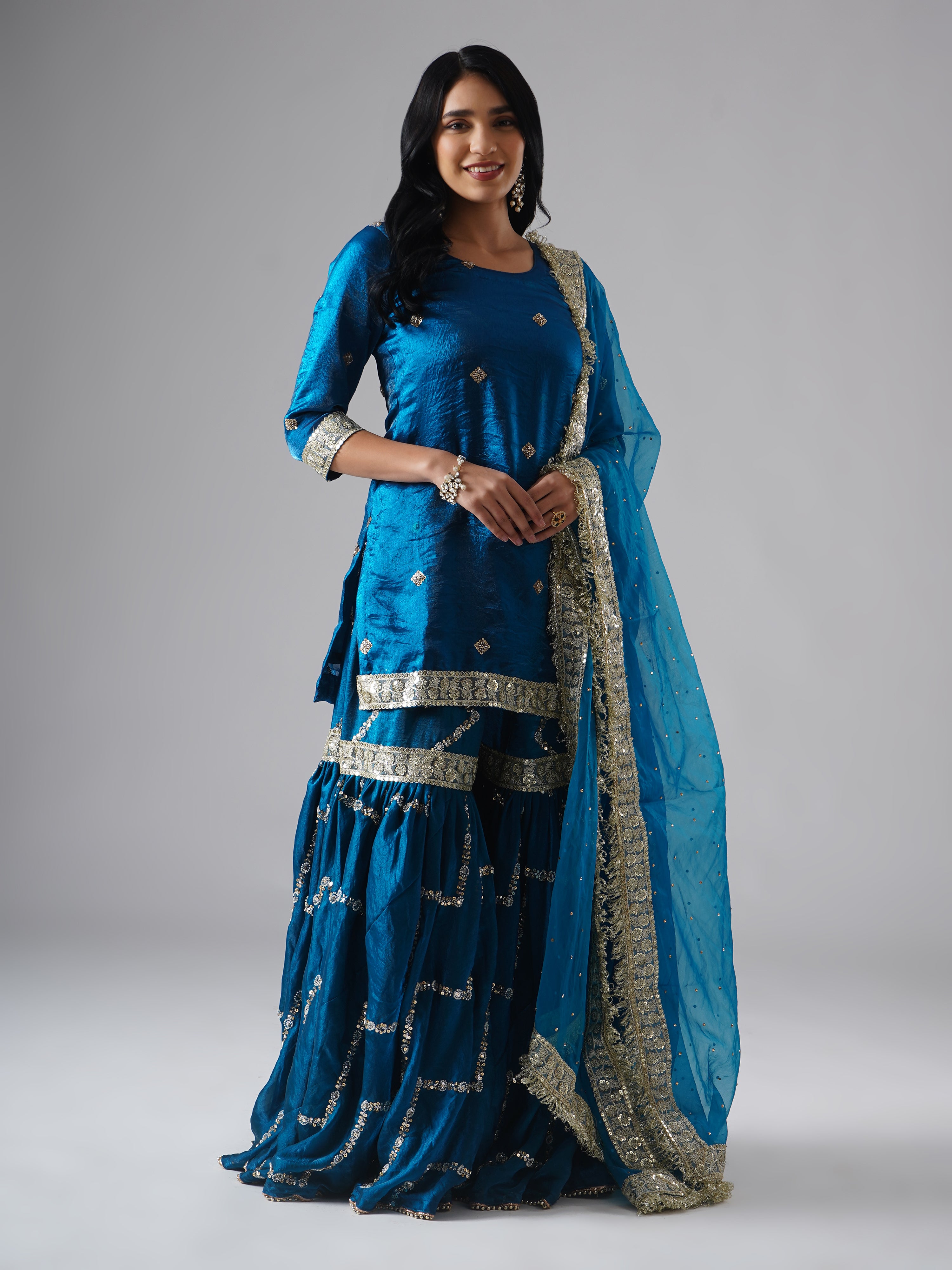 Model styled in the Neelafshan – The Teal Sapphire gharara set by Zahrat, front view highlighting the full outfit including gharara, kurta, and dupatta.