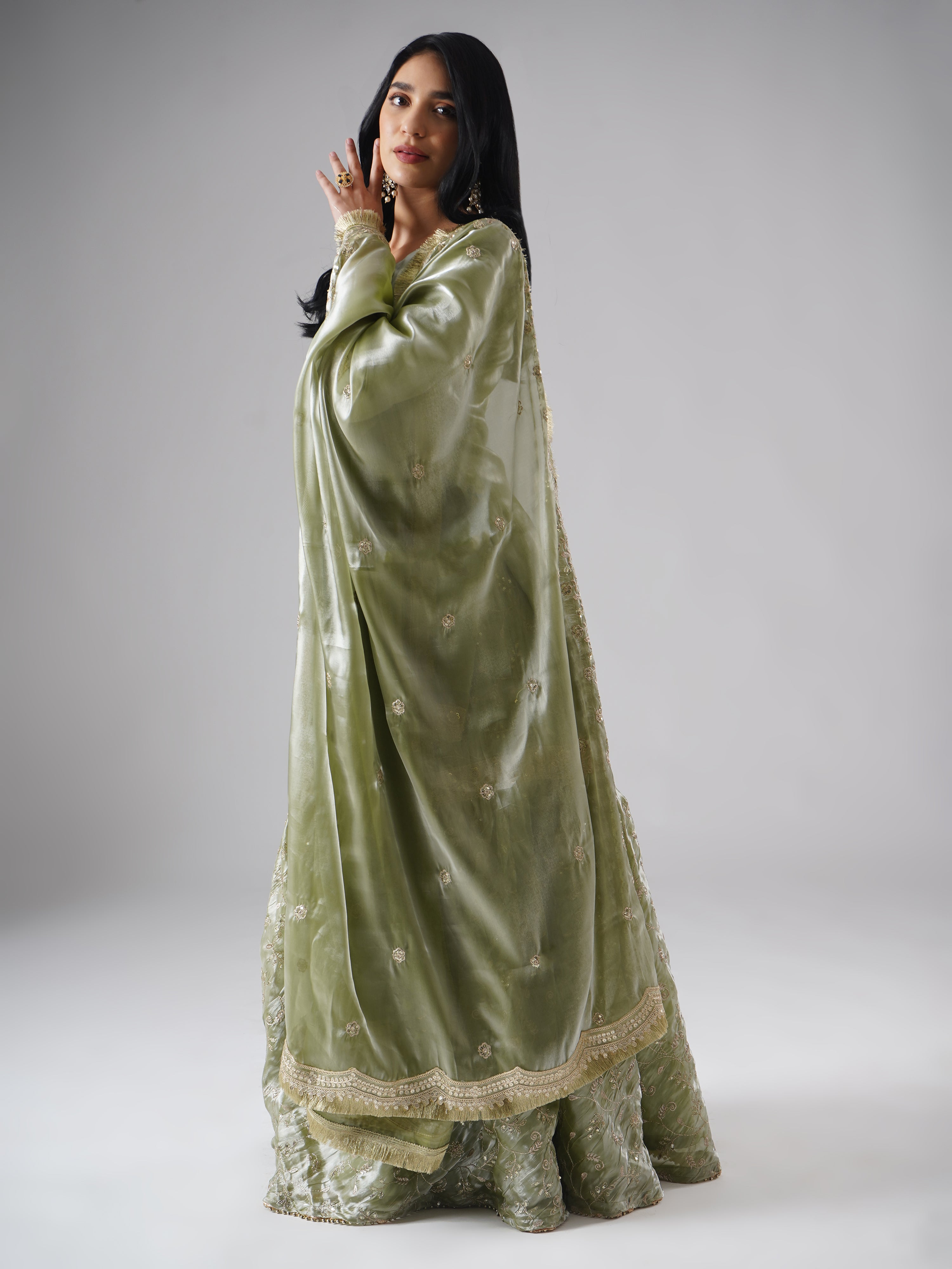 Full view of the dupatta from Zahrat’s Mehr-e-Zaytuni – The Olive Whisper gharara set, highlighting its design, drape, and fabric details.