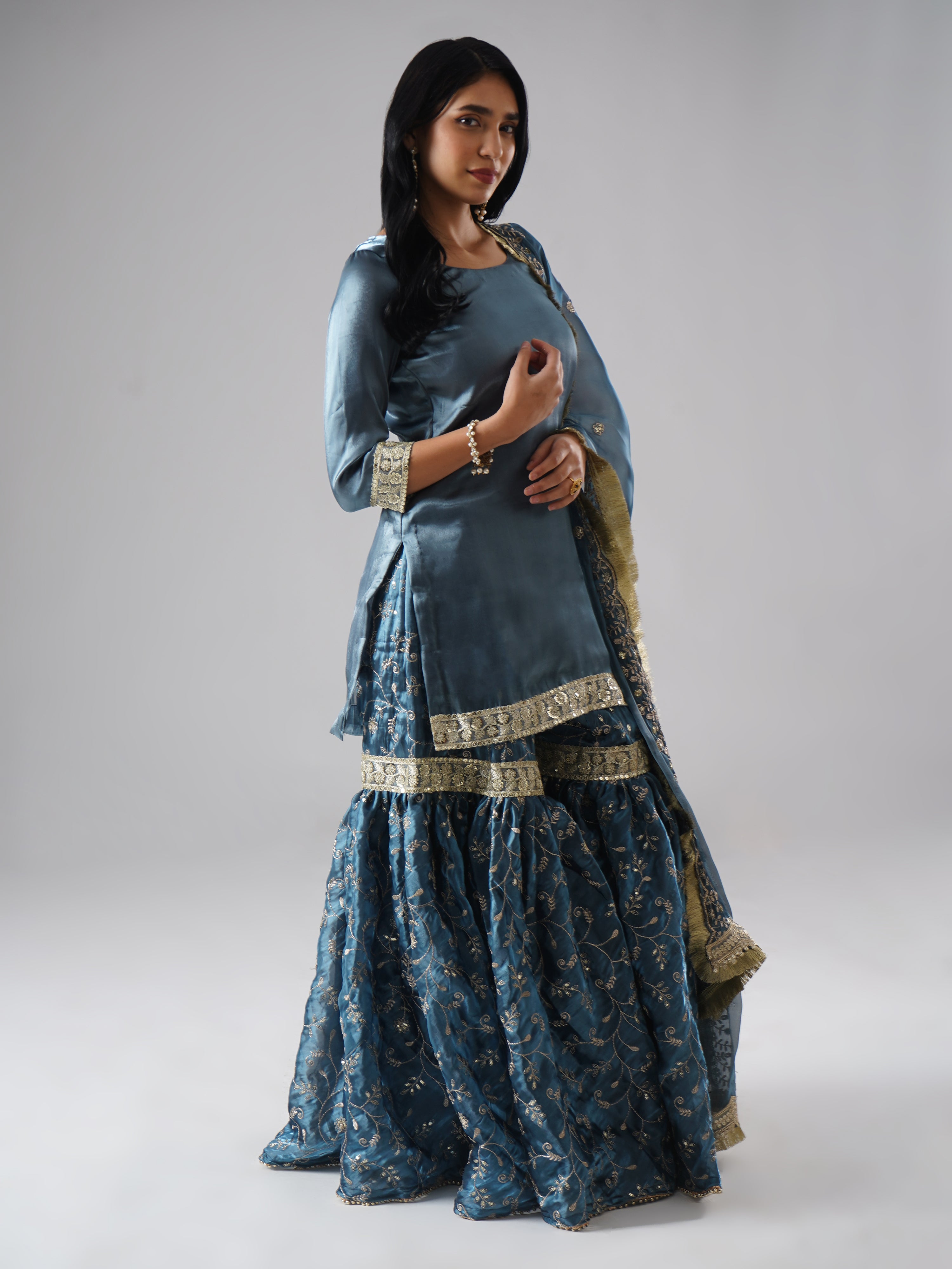 Tehzeeb-e-Aab - Teal Blue Gharara Set