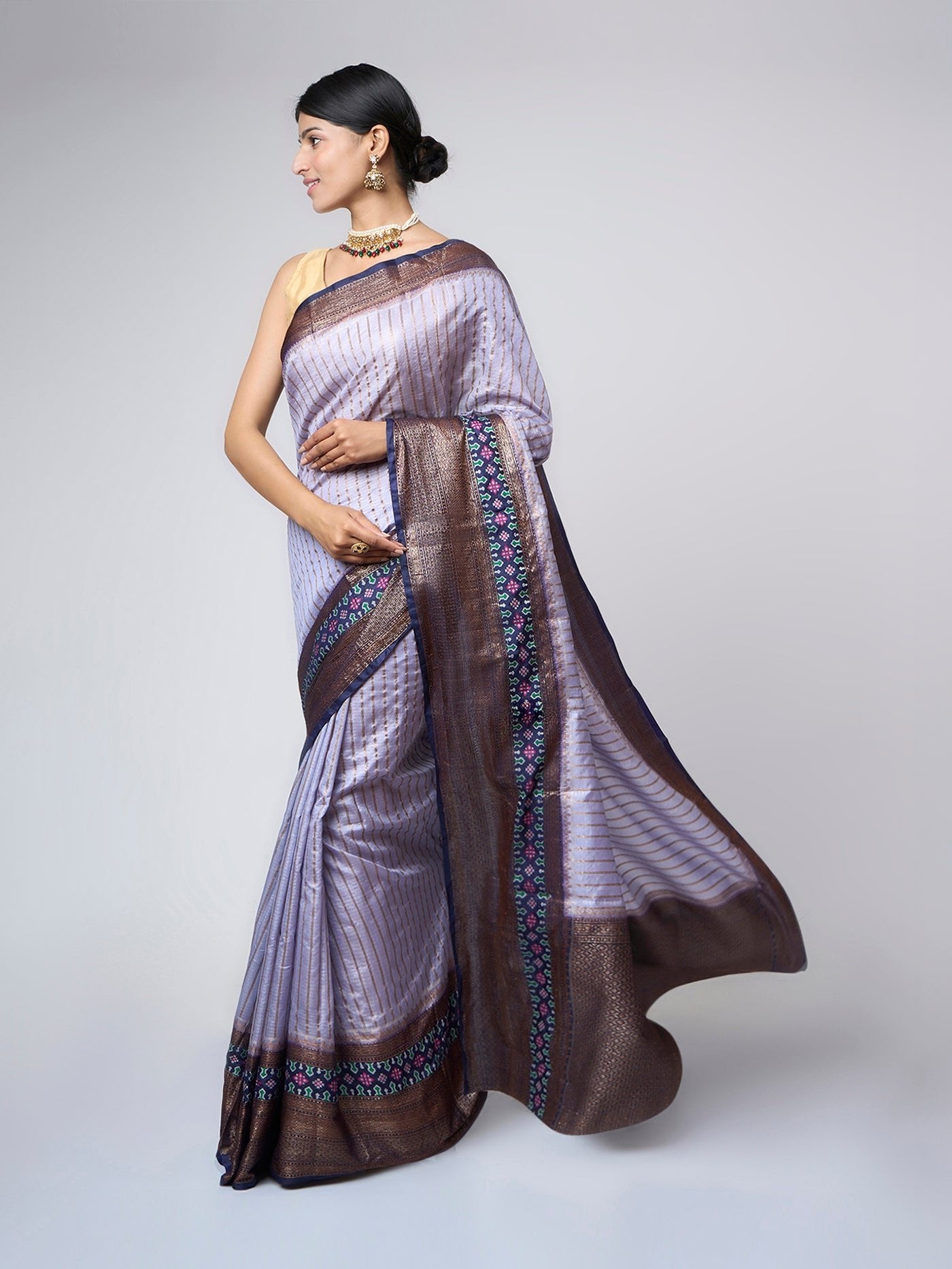 Neelaya - Lavender Grey Striped Zari Silk Blend Saree - ZahratSaree
