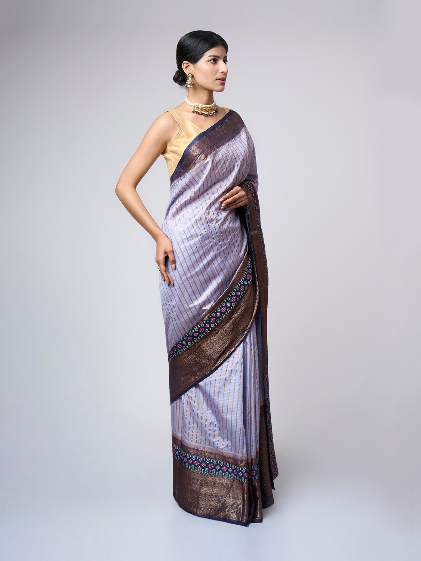 Neelaya - Lavender Grey Striped Zari Silk Blend Saree - ZahratSaree