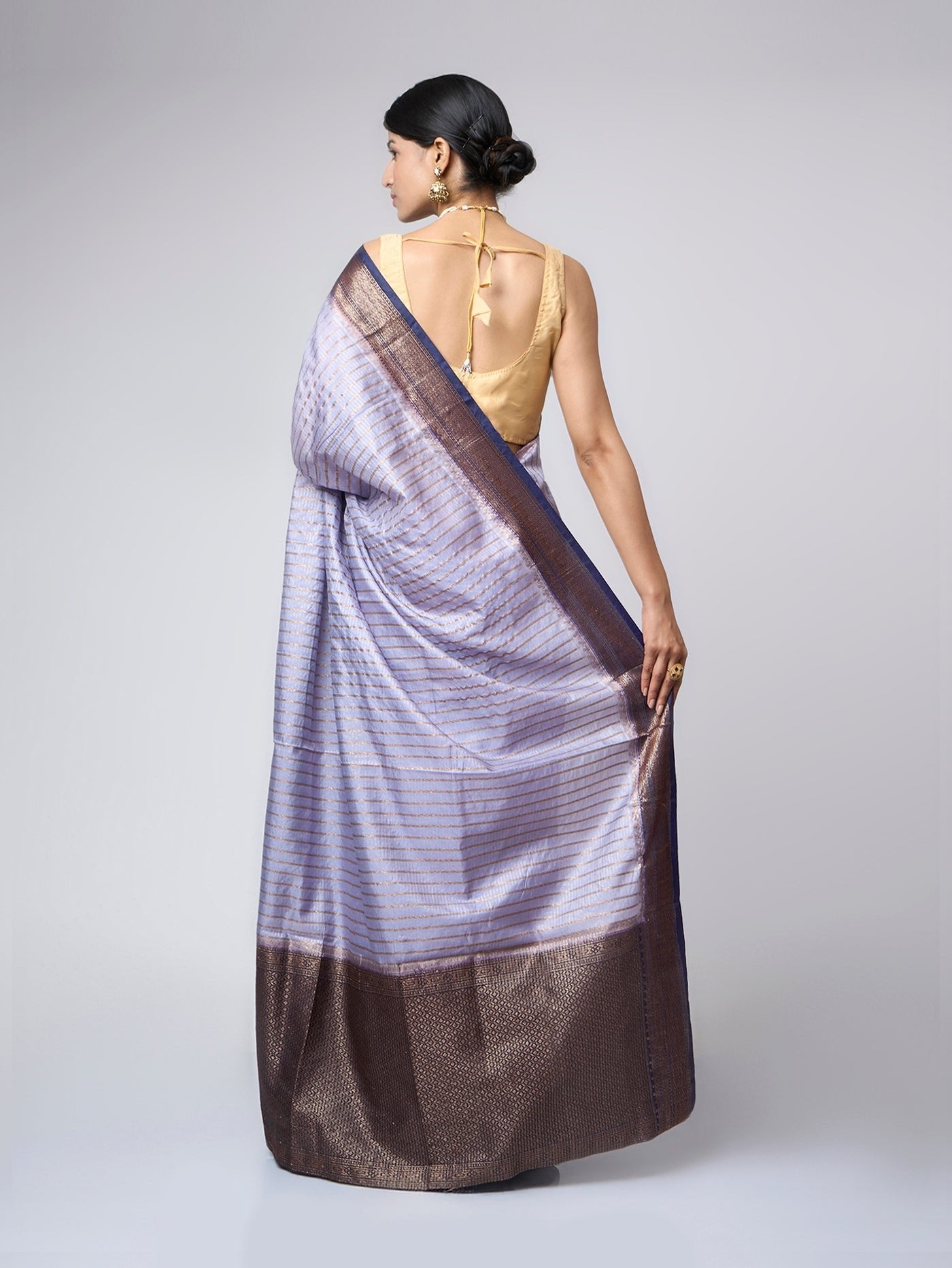 Neelaya - Lavender Grey Striped Zari Silk Blend Saree - ZahratSaree