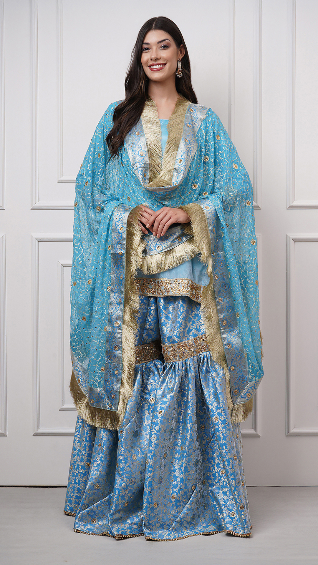 Falaknuma - Sky Blue Kimkhwab Gharara Set - ZahratGharara