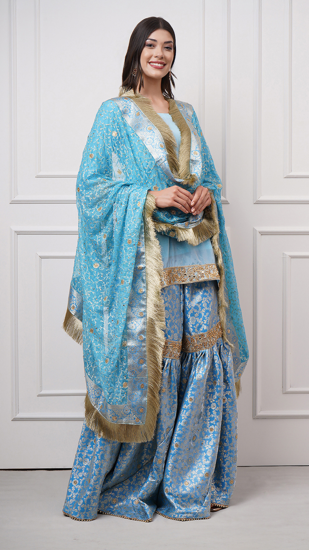 Falaknuma - Sky Blue Kimkhwab Gharara Set - ZahratGharara