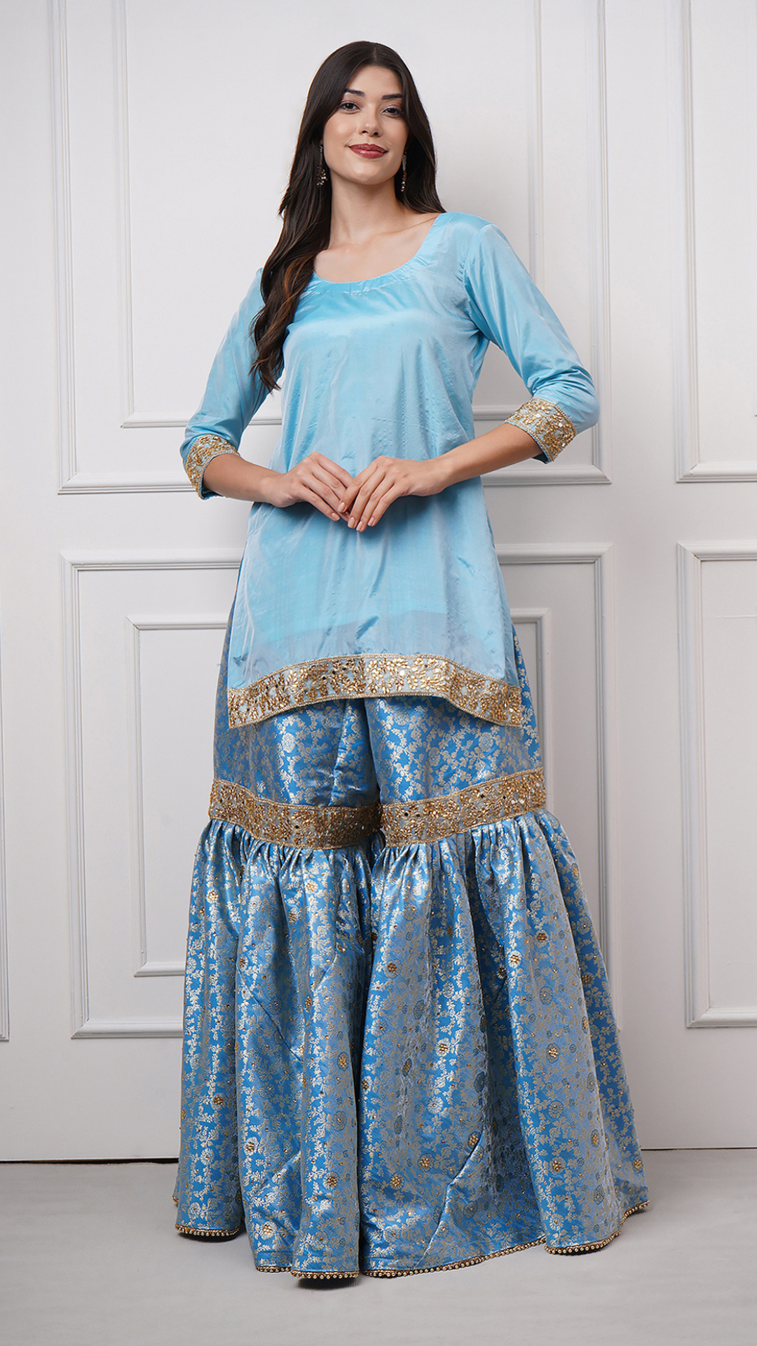 Falaknuma - Sky Blue Kimkhwab Gharara Set - ZahratGharara