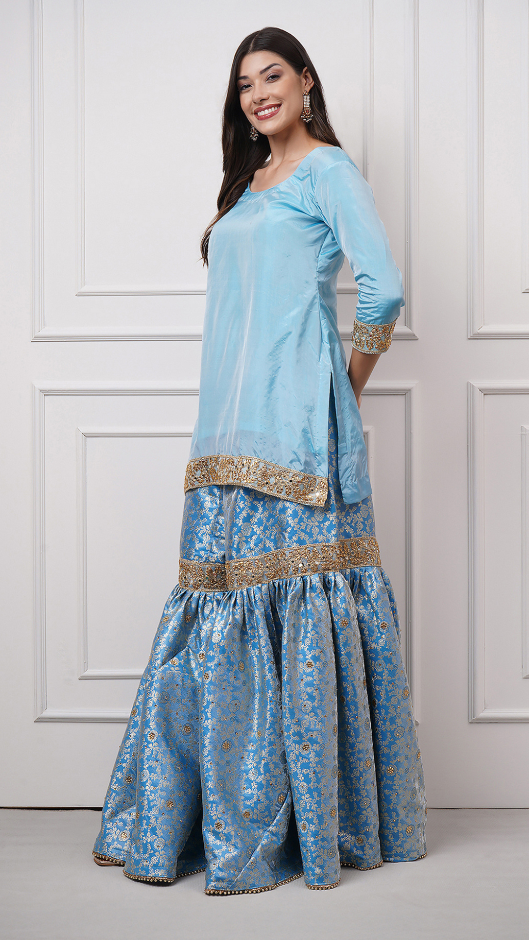 Falaknuma - Sky Blue Kimkhwab Gharara Set - ZahratGharara