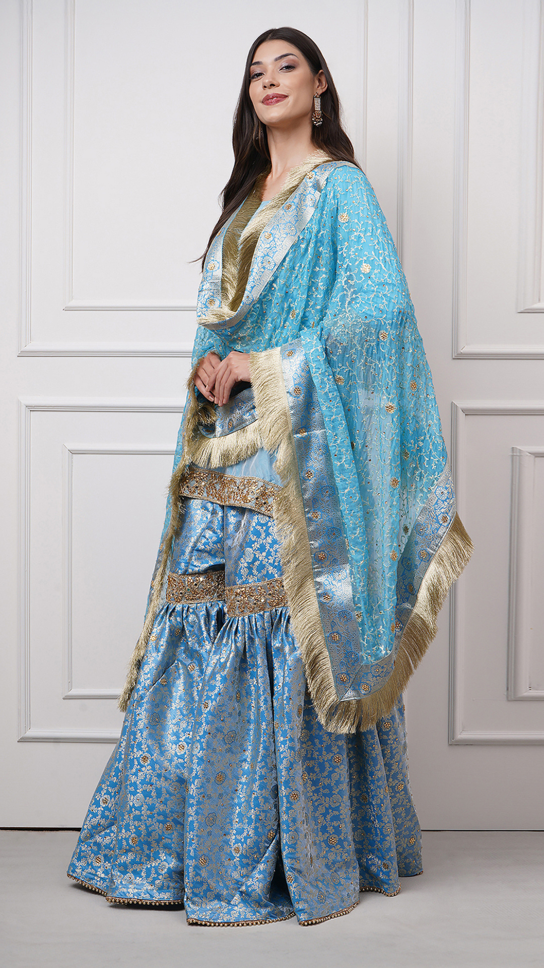 Falaknuma - Sky Blue Kimkhwab Gharara Set - ZahratGharara