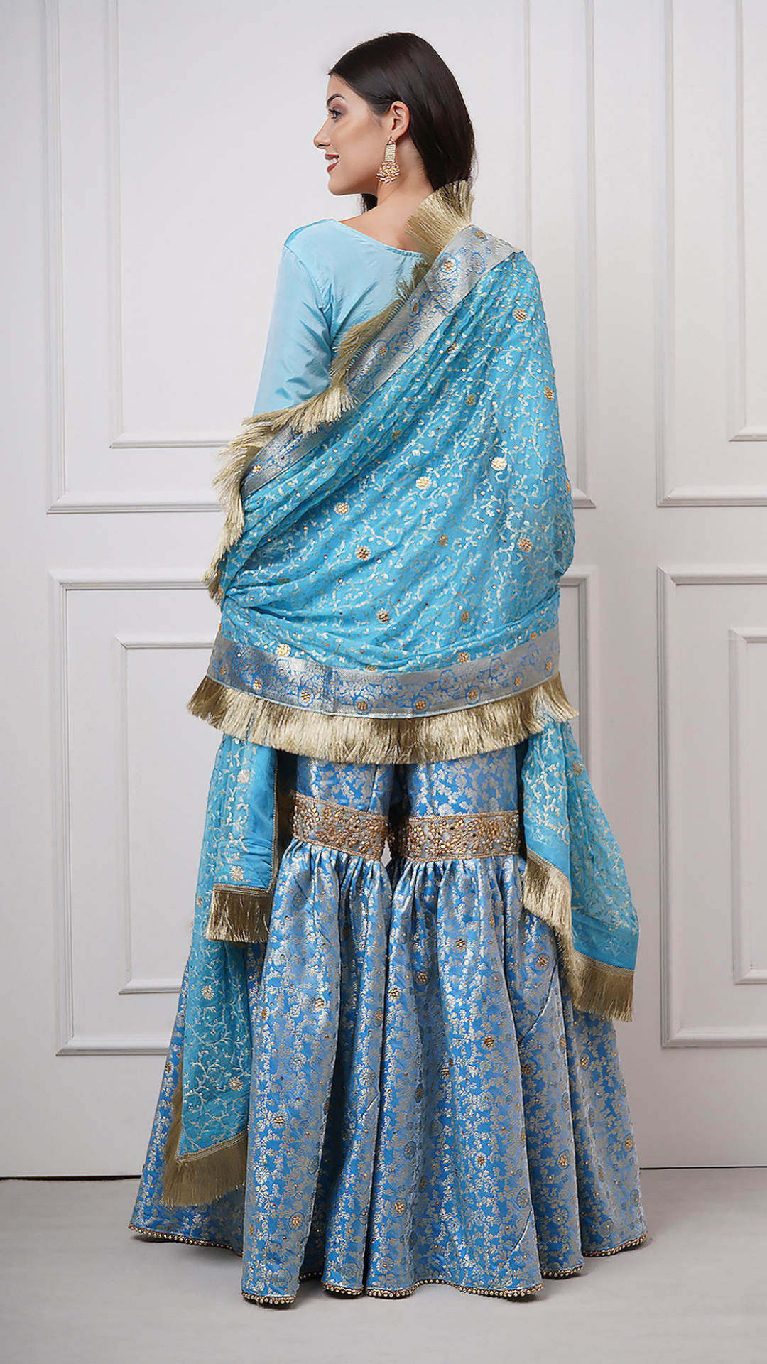 Falaknuma - Sky Blue Kimkhwab Gharara Set - ZahratGharara