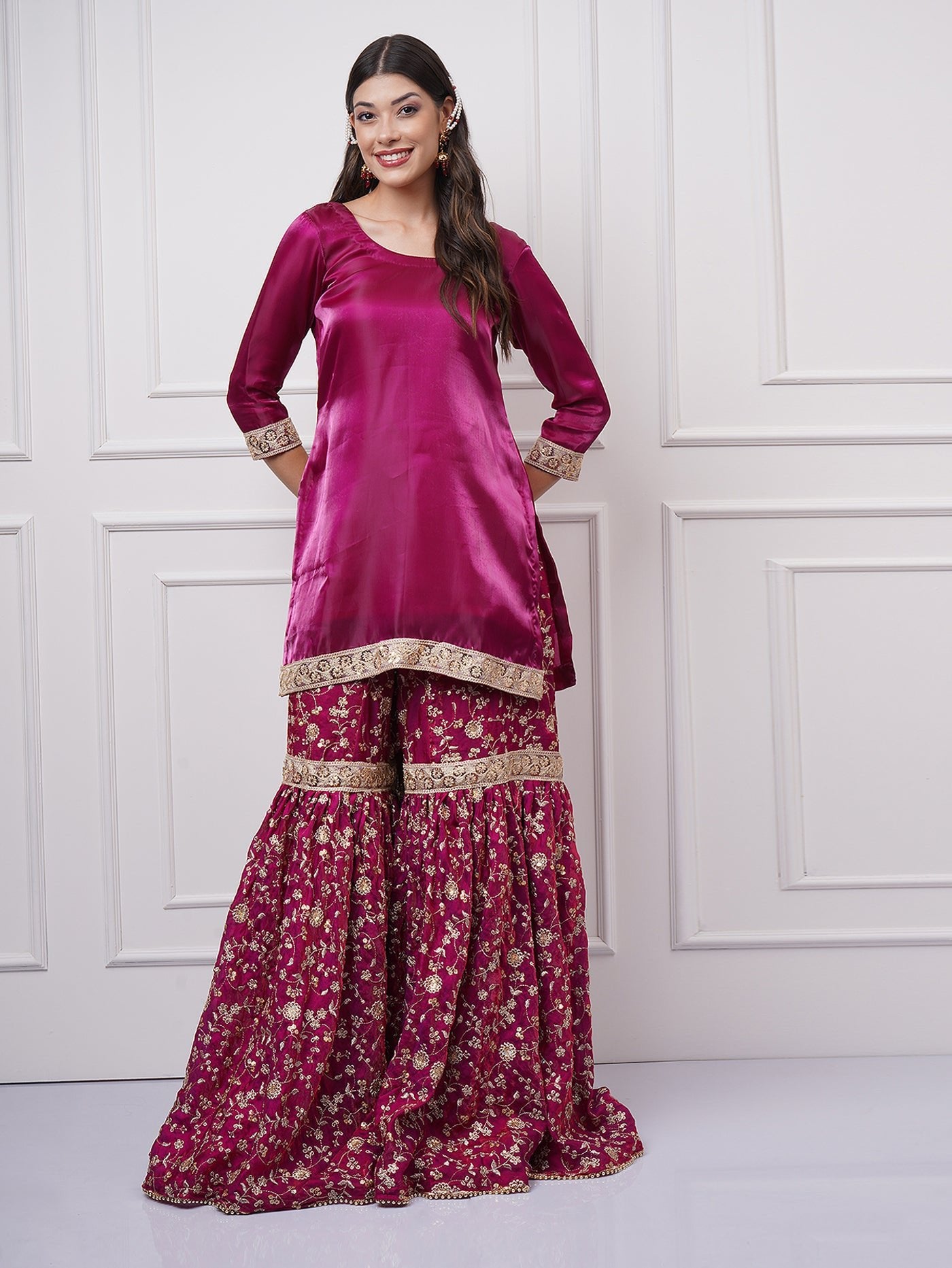 Raina — Gharara Set in Fuchsia Bloom - ZahratGharara