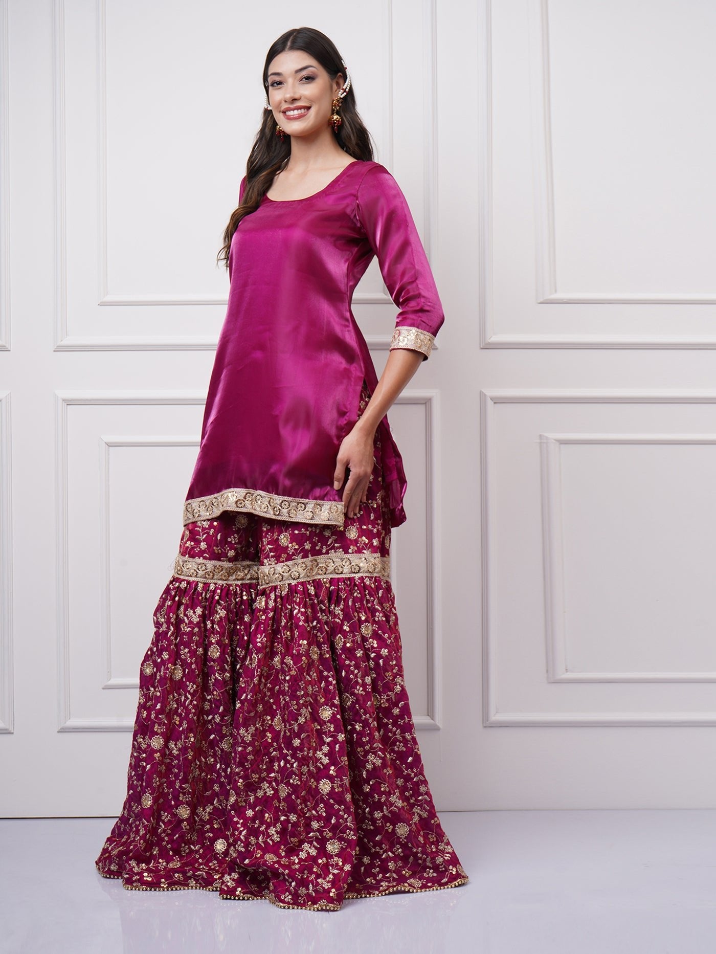 Raina — Gharara Set in Fuchsia Bloom - ZahratGharara