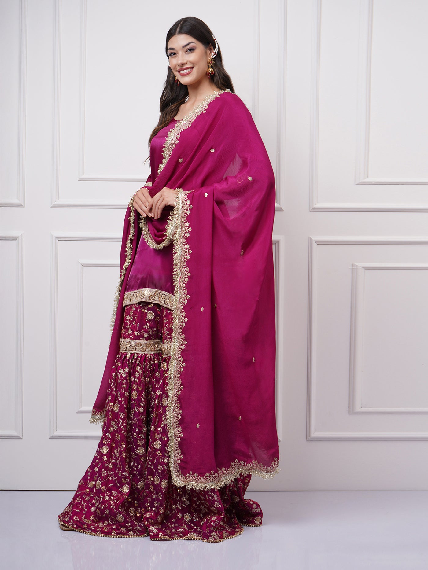 Raina — Gharara Set in Fuchsia Bloom - ZahratGharara