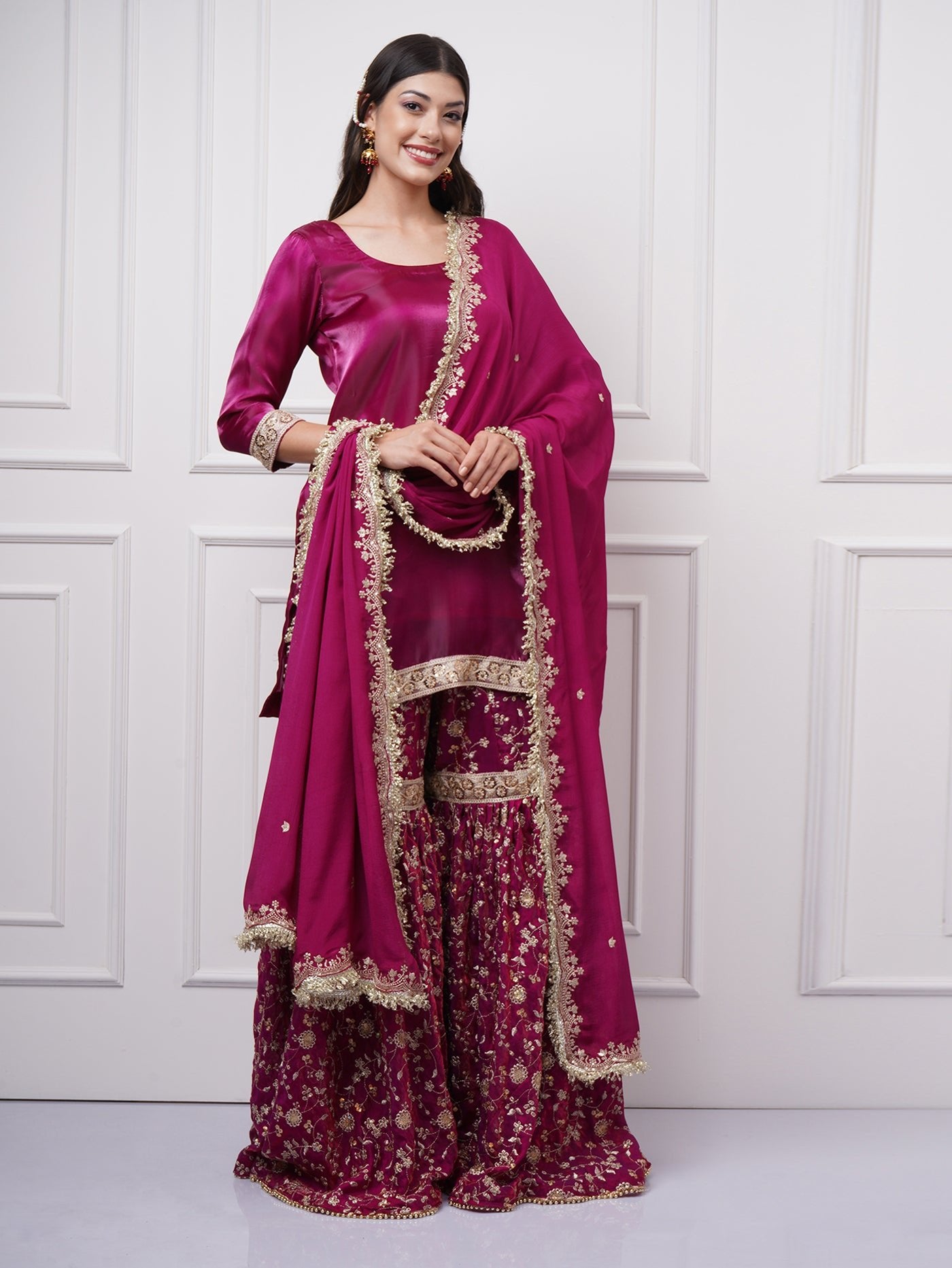 Raina — Gharara Set in Fuchsia Bloom - ZahratGharara