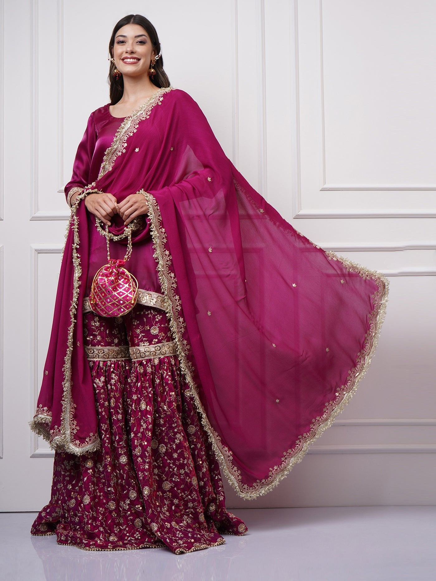 Raina — Gharara Set in Fuchsia Bloom - ZahratGharara