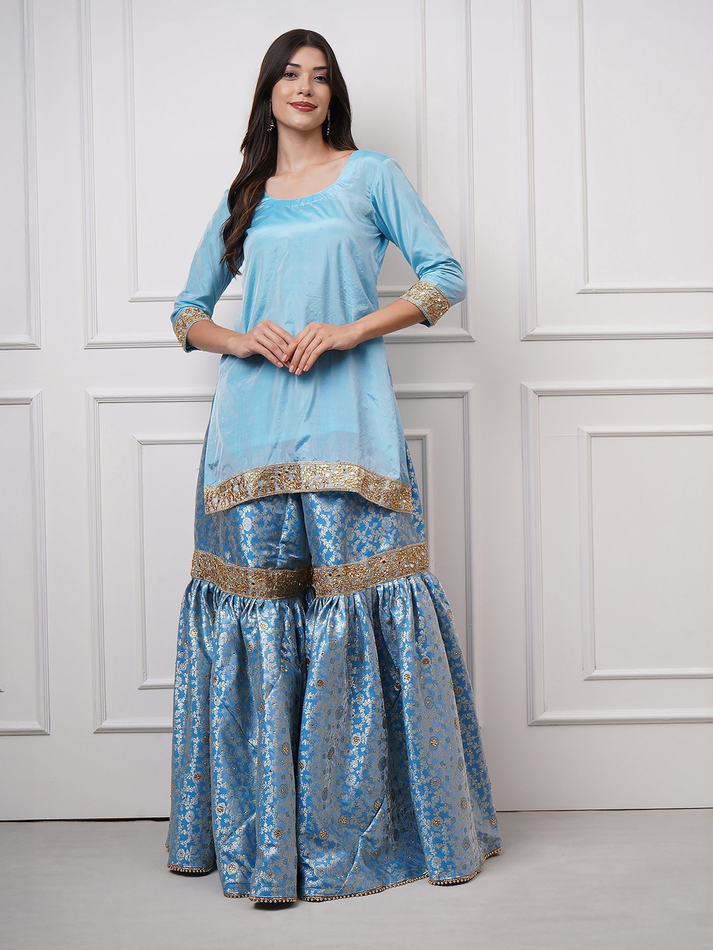 Falaknuma - Sky Blue Kimkhwab Gharara Set - ZahratGharara