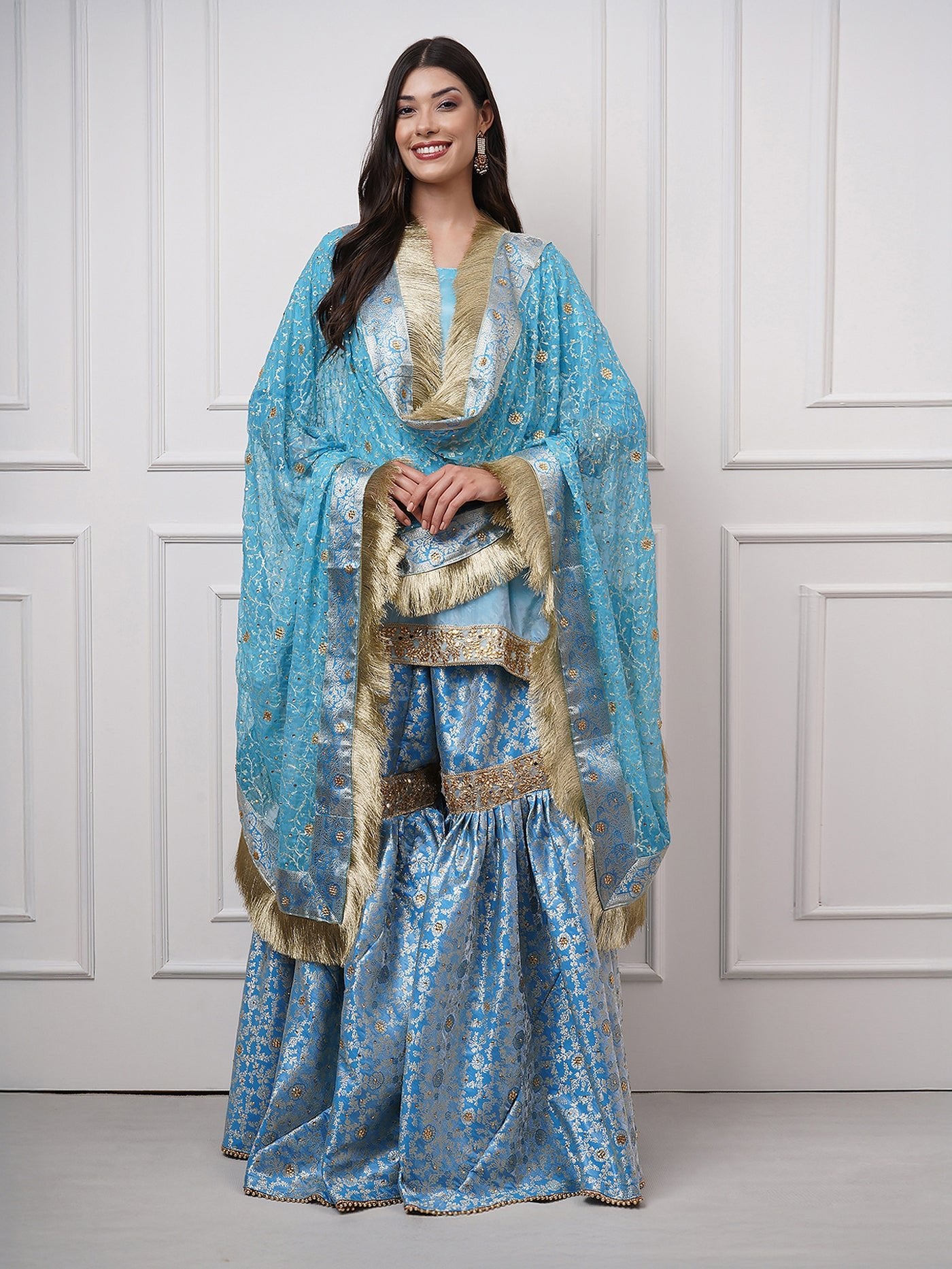 Falaknuma - Sky Blue Kimkhwab Gharara Set - ZahratGharara