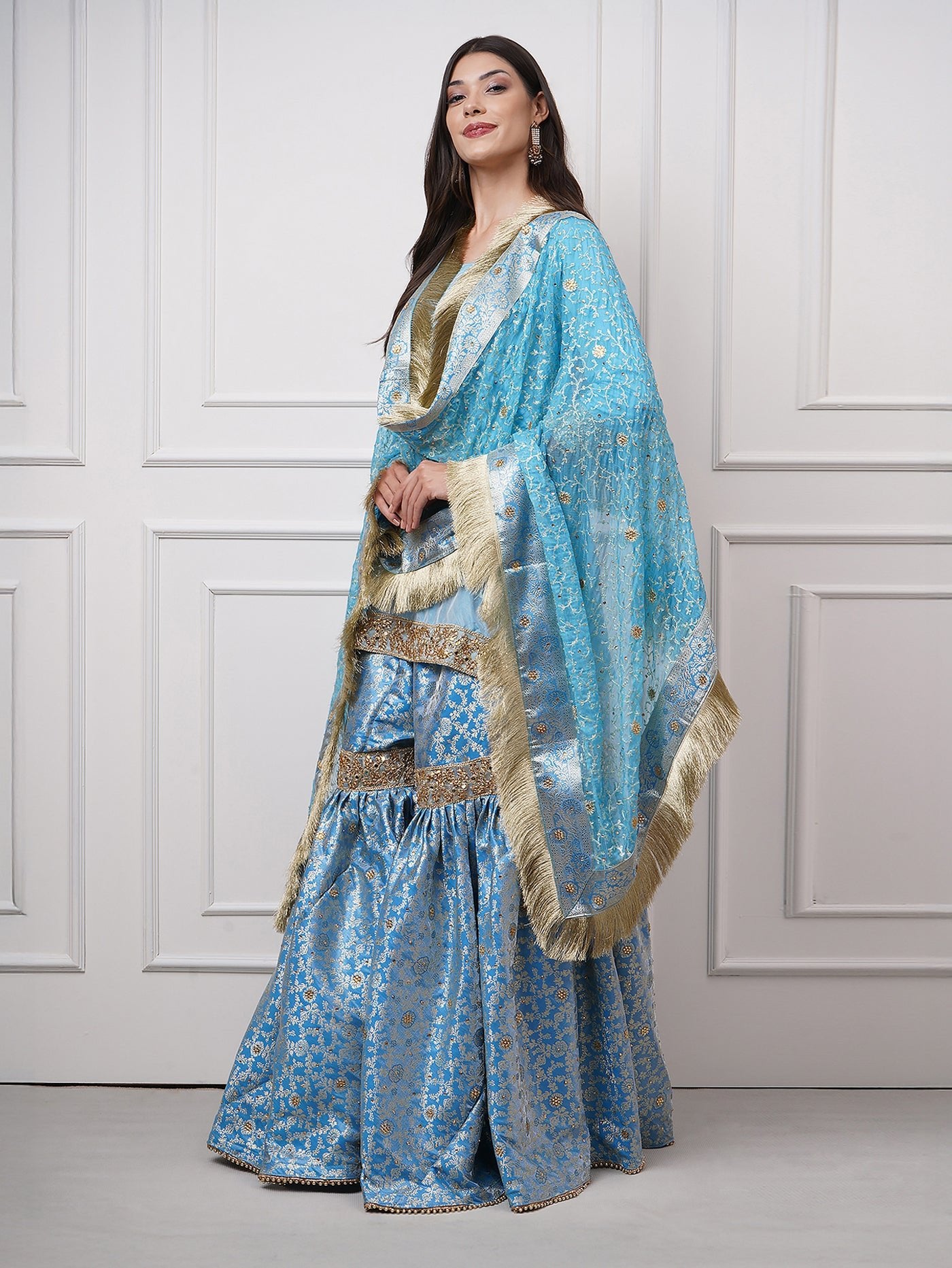 Falaknuma - Sky Blue Kimkhwab Gharara Set - ZahratGharara