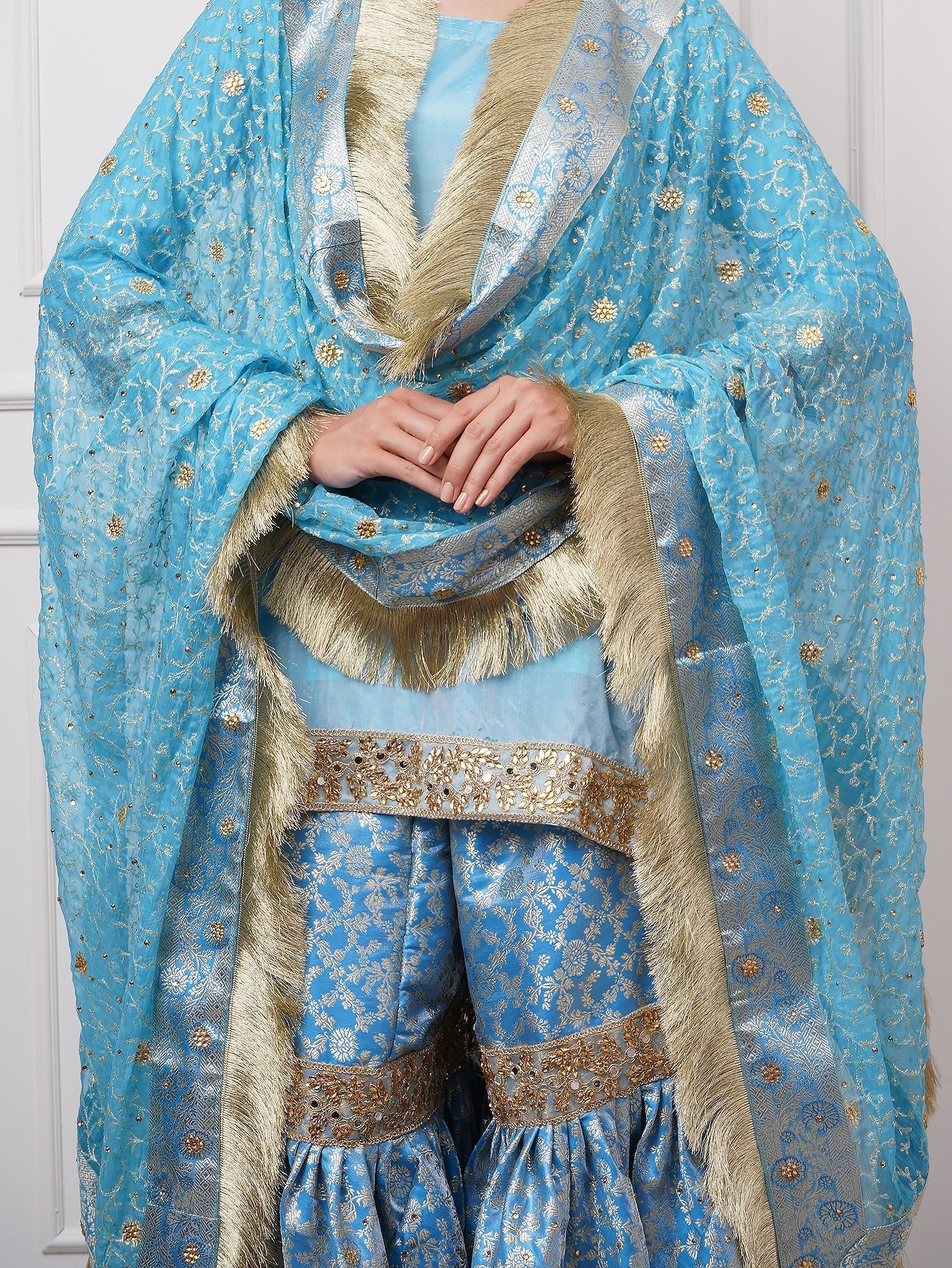 Falaknuma - Sky Blue Kimkhwab Gharara Set - ZahratGharara