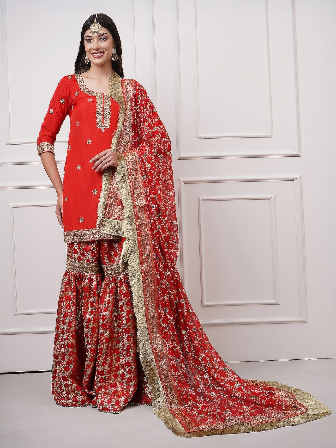 Surkhnaaz – Red Kimkhwab Bridal Gharara Set - ZahratGharara