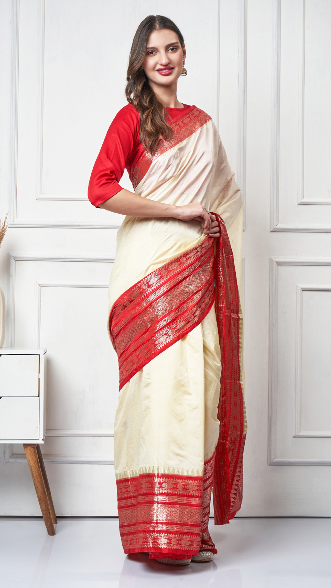 Ishya – Ivory Red Zari Border Saree by Zahrat