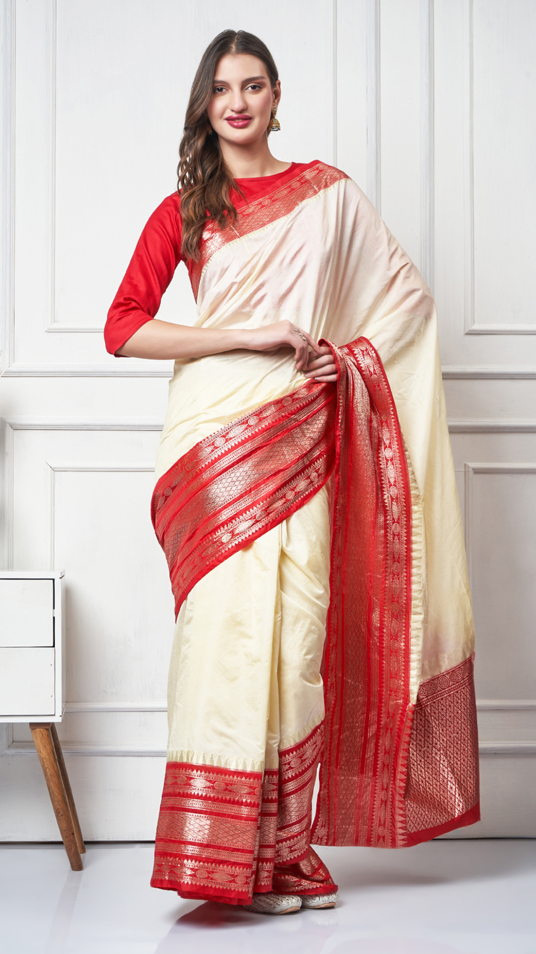 Ishya – Ivory Red Zari Border Saree by Zahrat