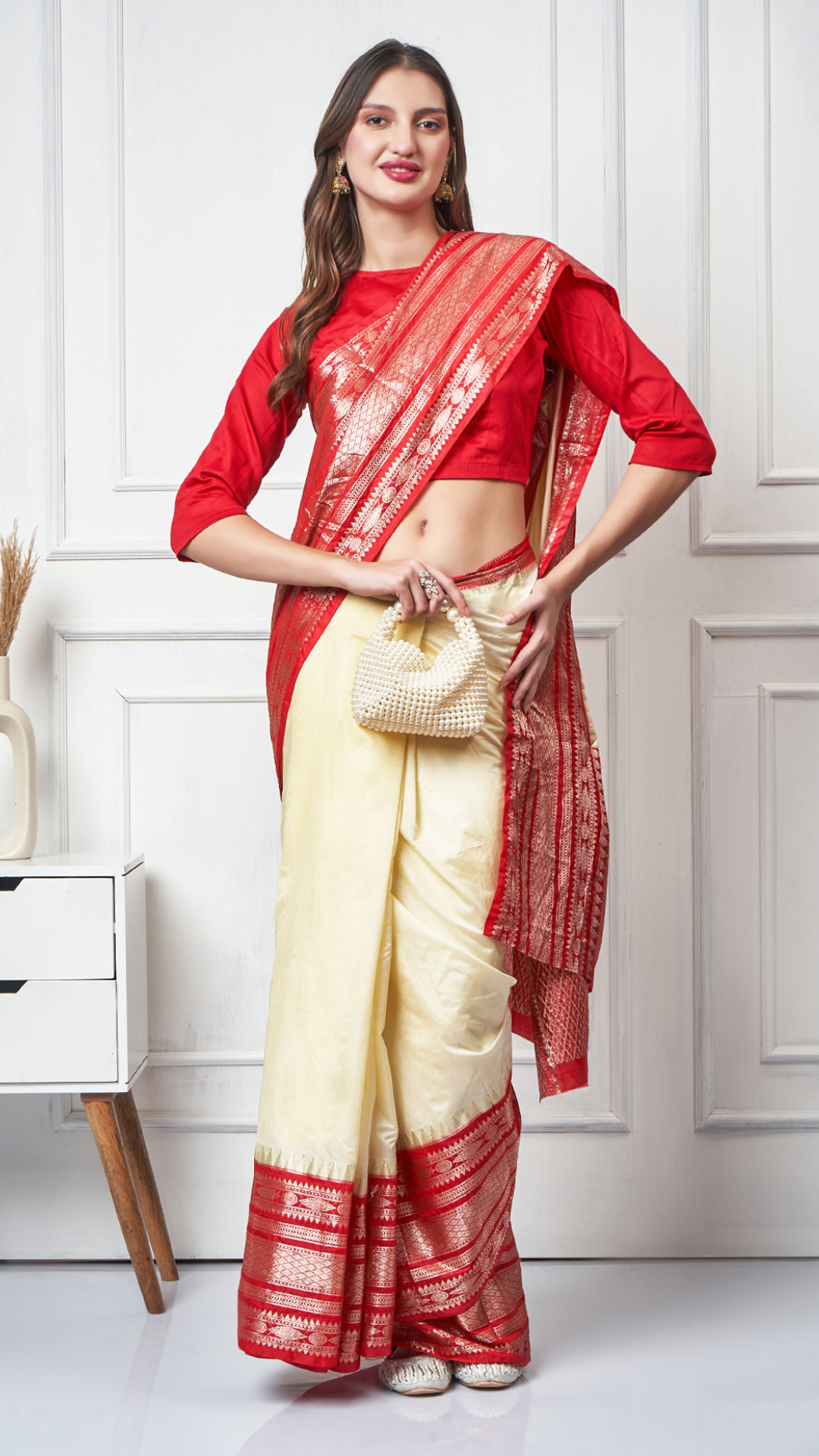 Ishya – Ivory Red Zari Border Saree by Zahrat