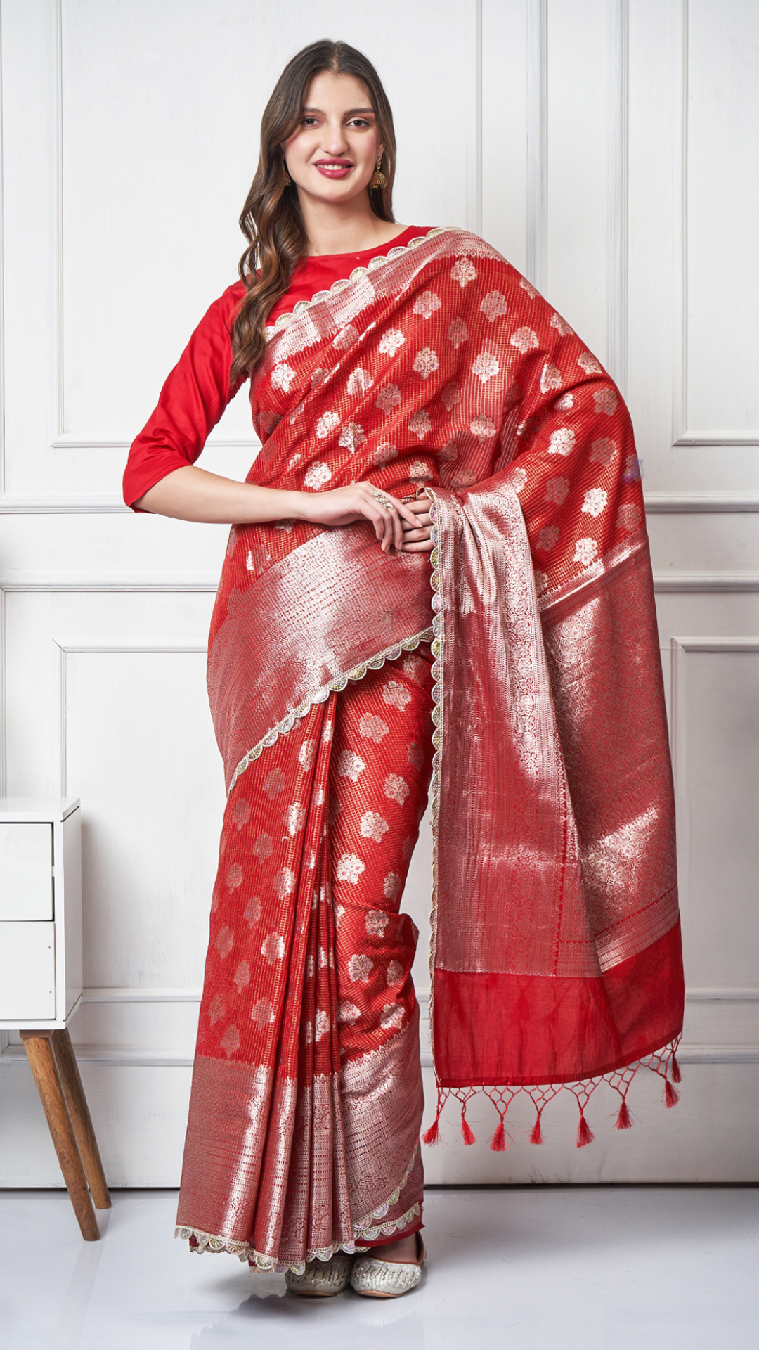 Meira – Red Check Zari Booti Saree by Zahrat