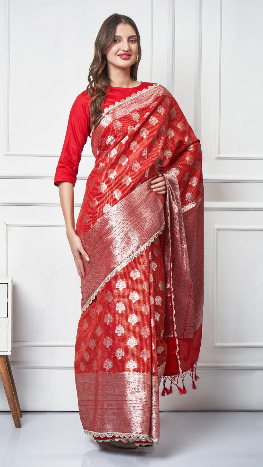 Meira – Red Check Zari Booti Saree by Zahrat