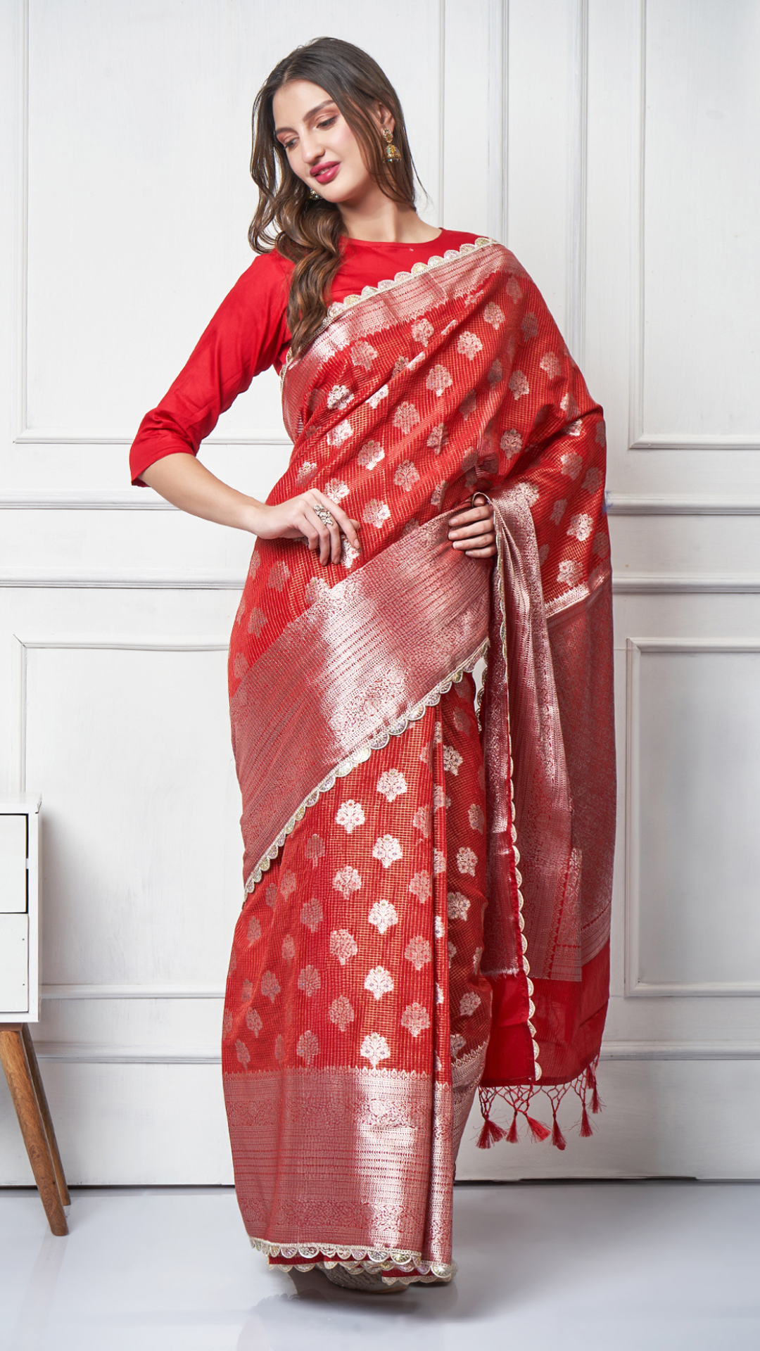 Meira – Red Check Zari Booti Saree by Zahrat