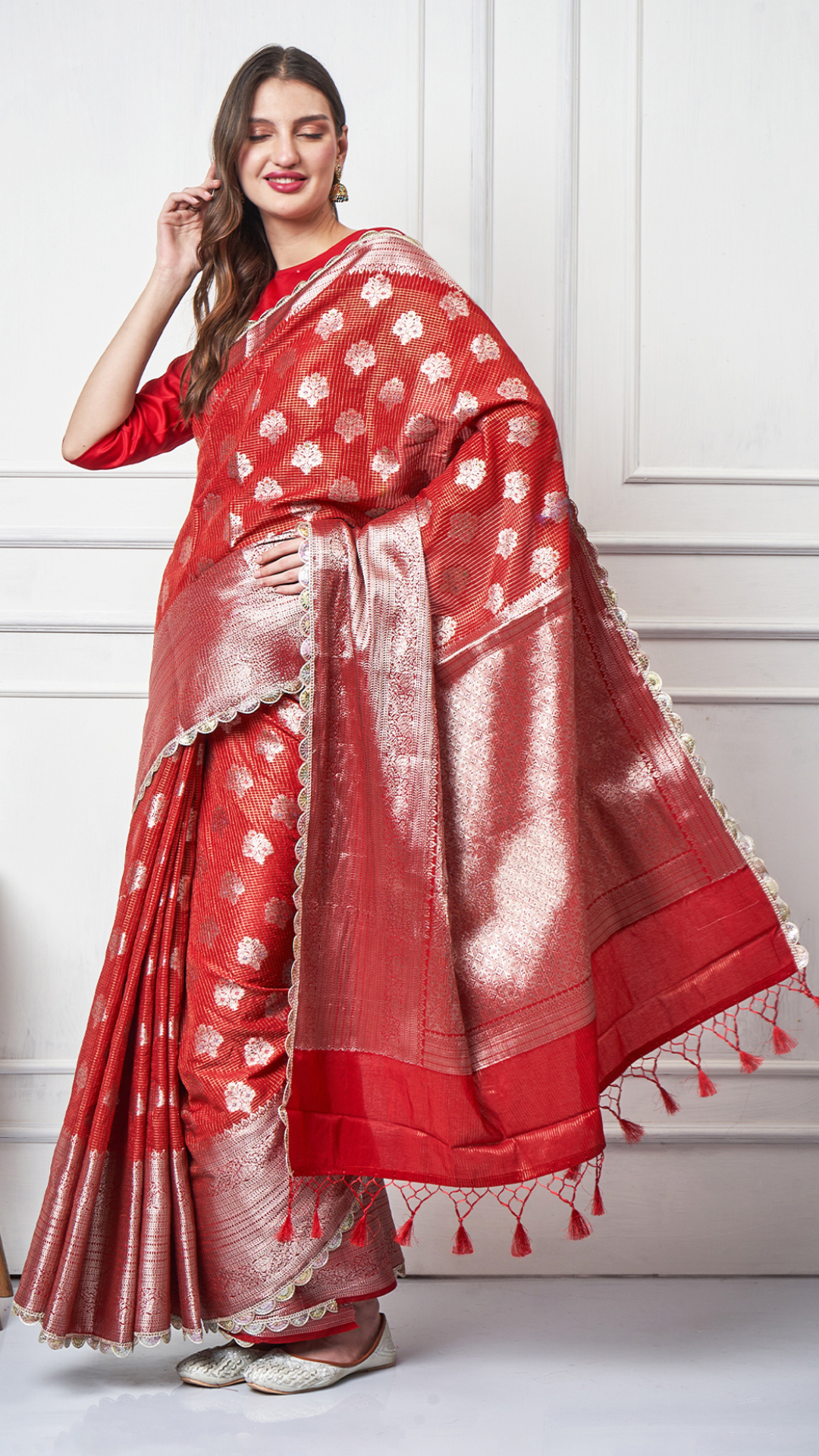 Meira – Red Check Zari Booti Saree by Zahrat