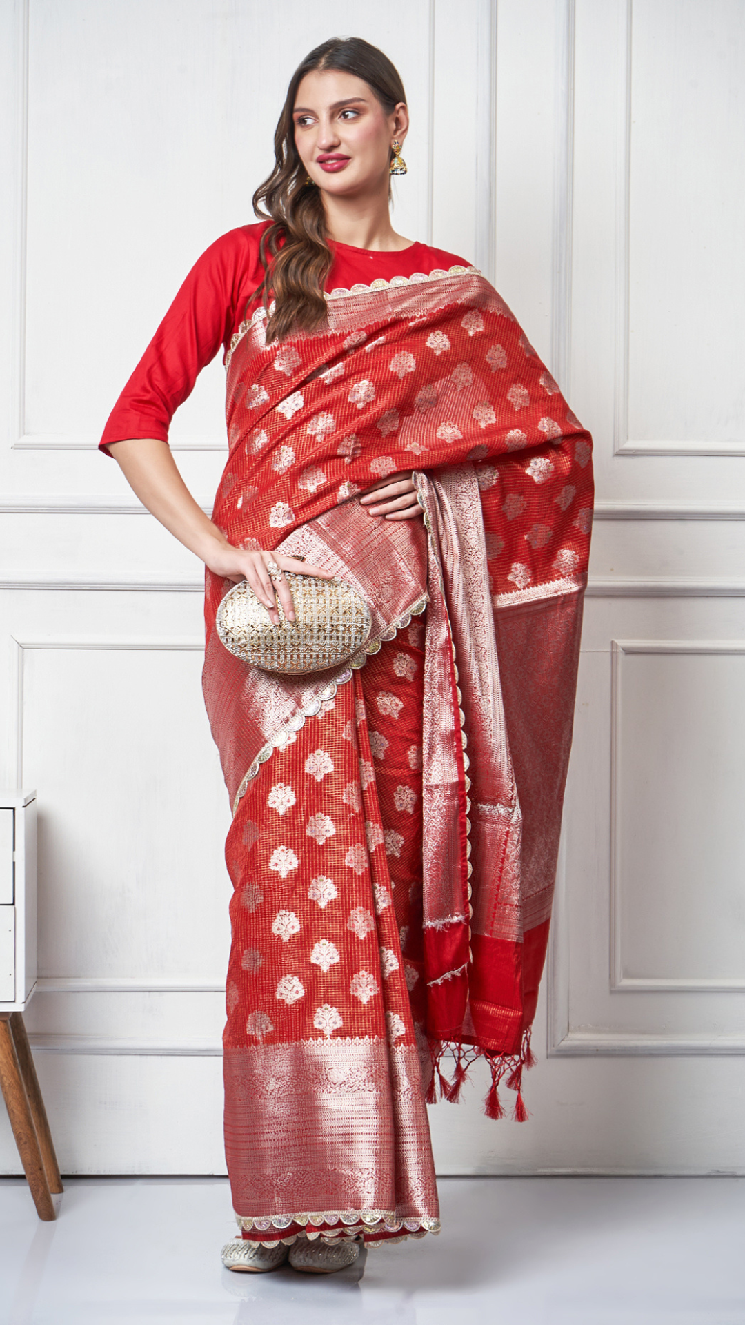 Meira – Red Check Zari Booti Saree by Zahrat