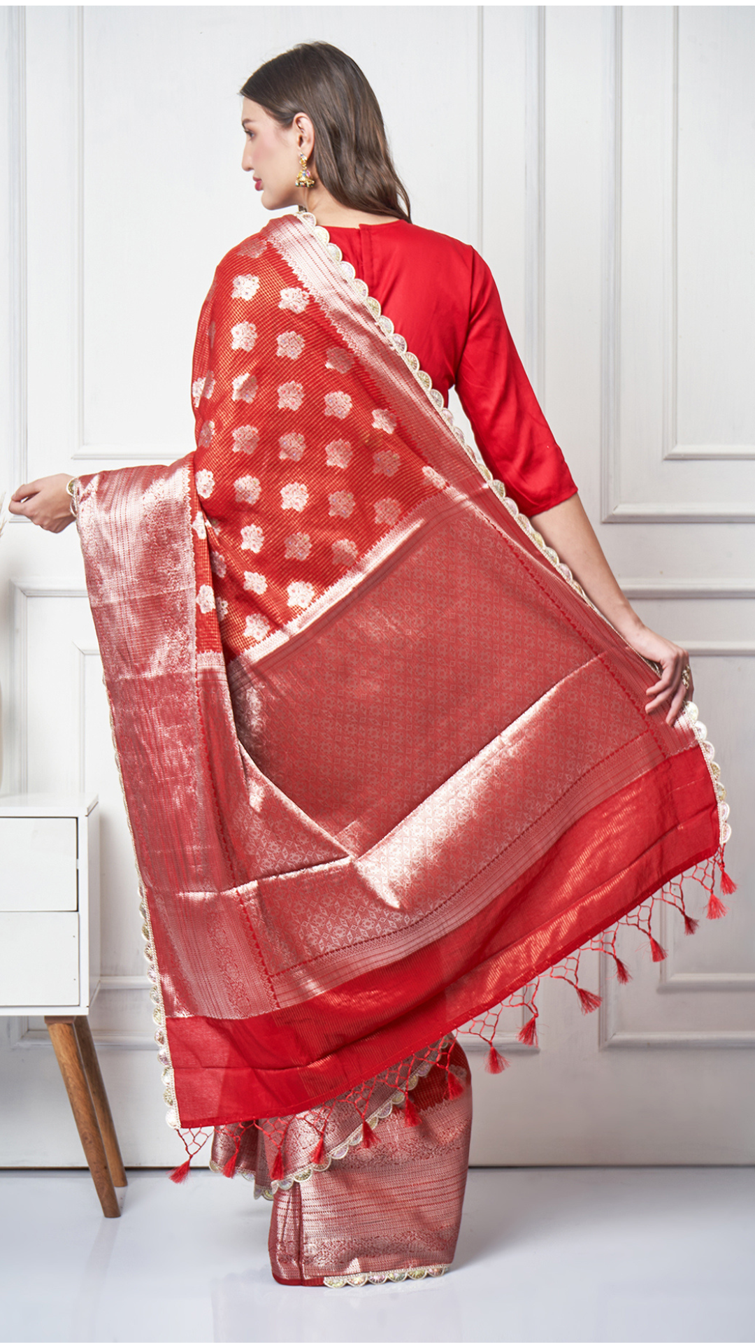 Meira – Red Check Zari Booti Saree by Zahrat