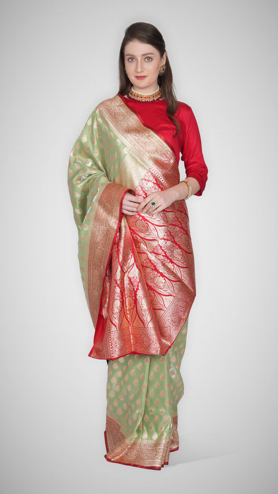 Naaz - e - Jahan – Sage Green with Crimson Border Banarasi Saree by Zahrat