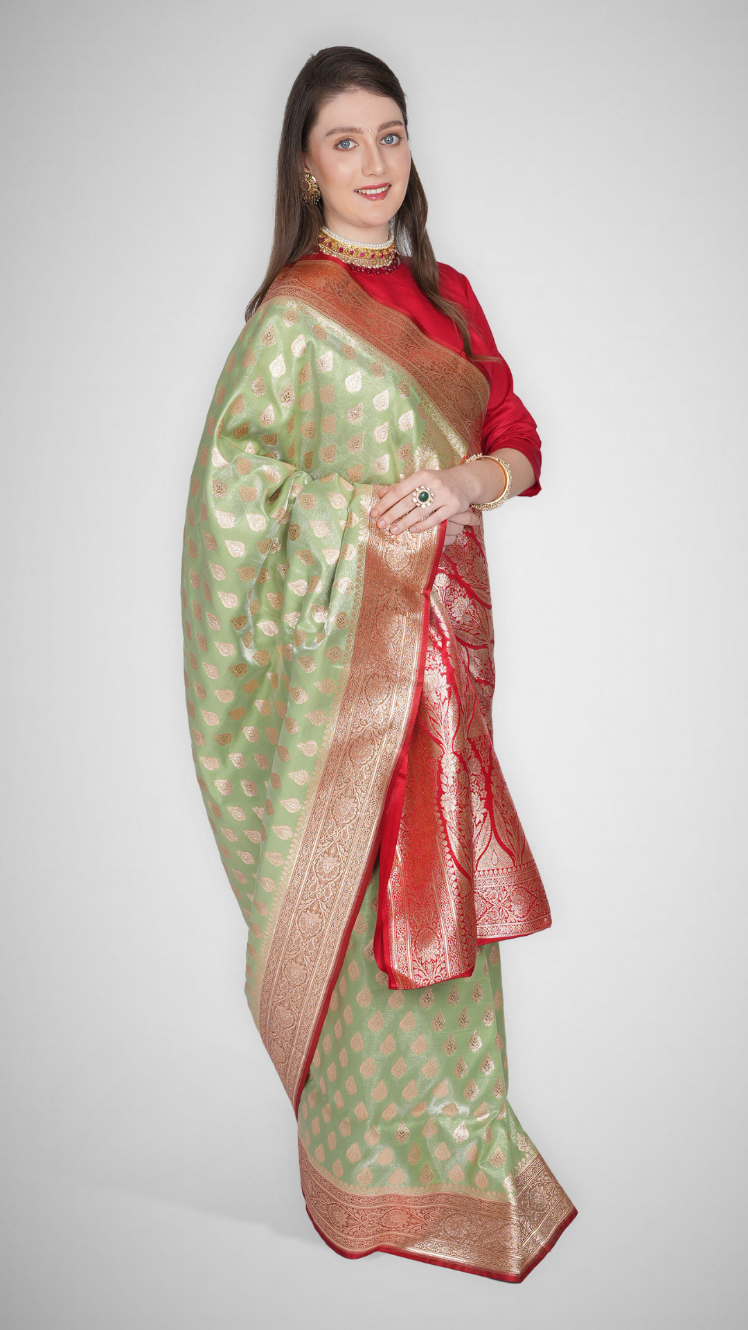Naaz - e - Jahan – Sage Green with Crimson Border Banarasi Saree by Zahrat