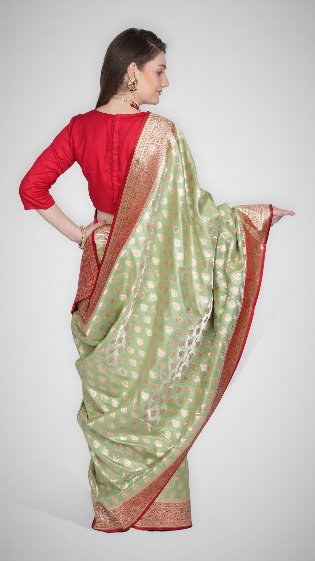 Naaz - e - Jahan – Sage Green with Crimson Border Banarasi Saree by Zahrat