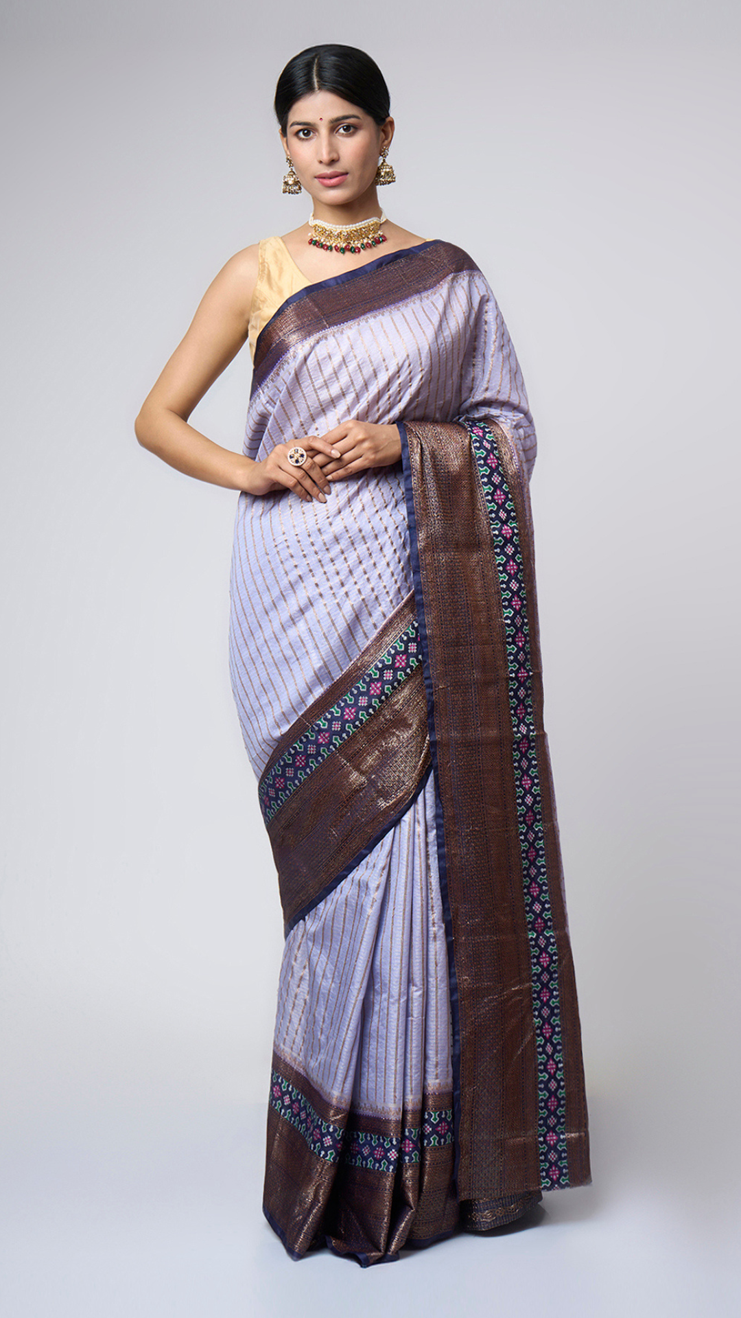 Neelaya - Lavender Grey Striped Zari Silk Blend Saree - Zahrat Saree